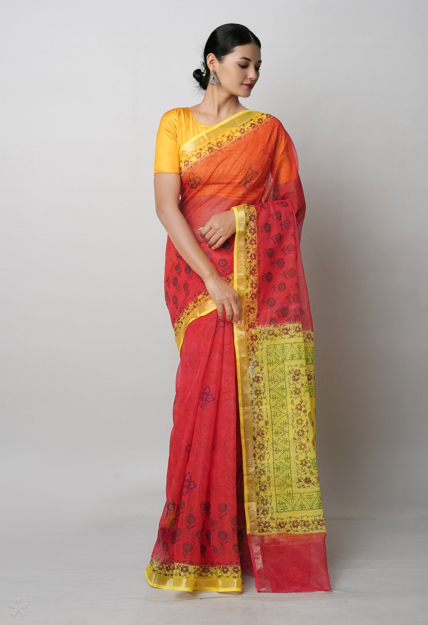 Red Pure  Block Printed Kota Cotton Saree-UNM75347