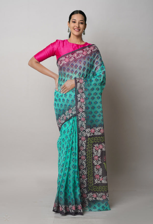 Turquoise Blue Pure  Block Printed Kota Cotton Saree With Cotton Printed Blouse Piece-UNM75348