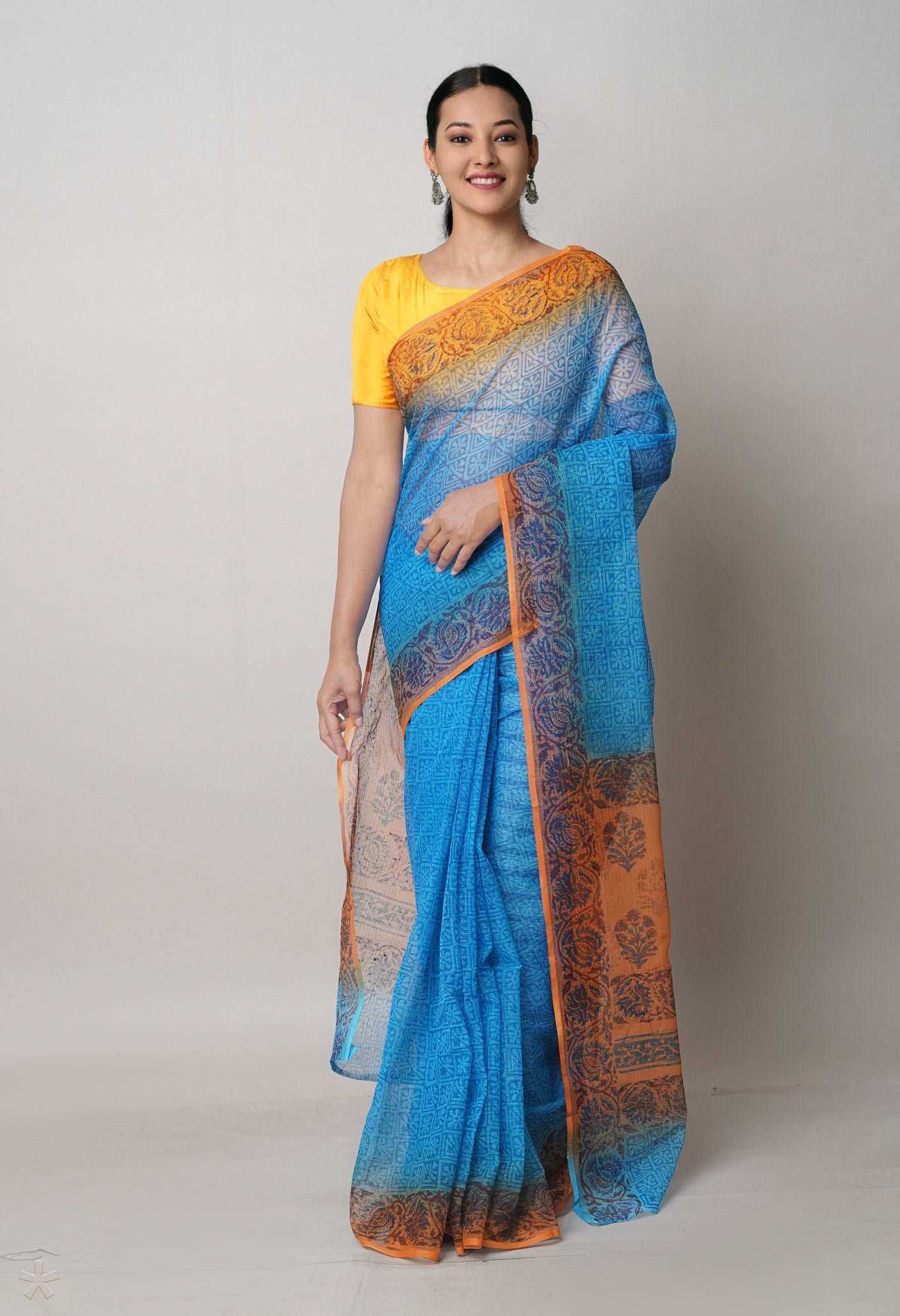 Blue Pure Block Printed Kota Cotton Saree With Cotton Printed Blouse Piece