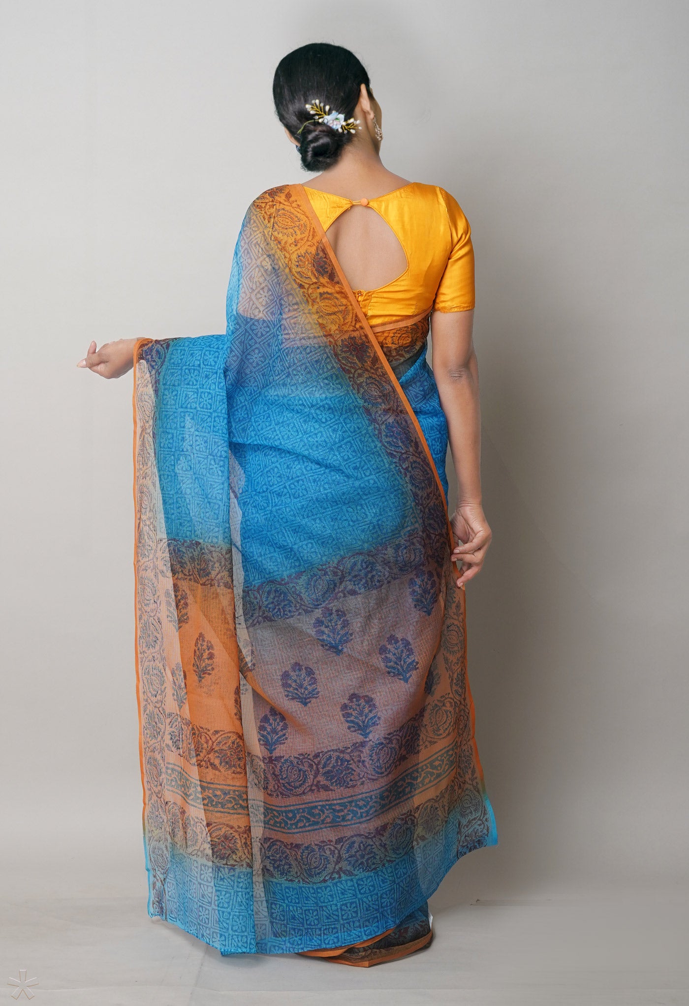 Blue Pure Block Printed Kota Cotton Saree With Cotton Printed Blouse Piece