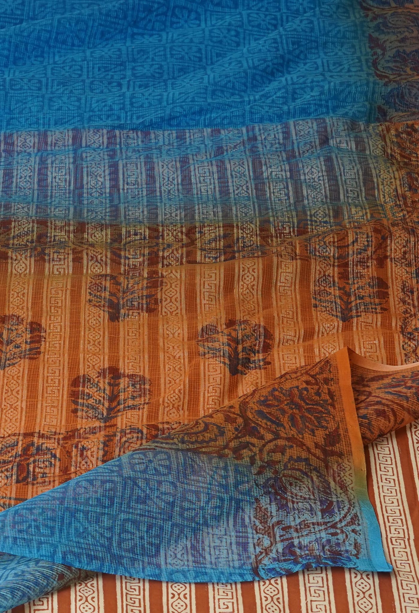Blue Pure Block Printed Kota Cotton Saree With Cotton Printed Blouse Piece