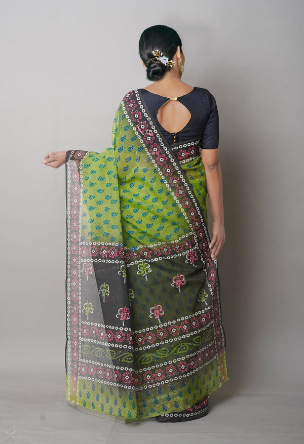 Green Pure  Block Printed Kota Cotton Saree With Cotton Printed Blouse Piece-UNM75368