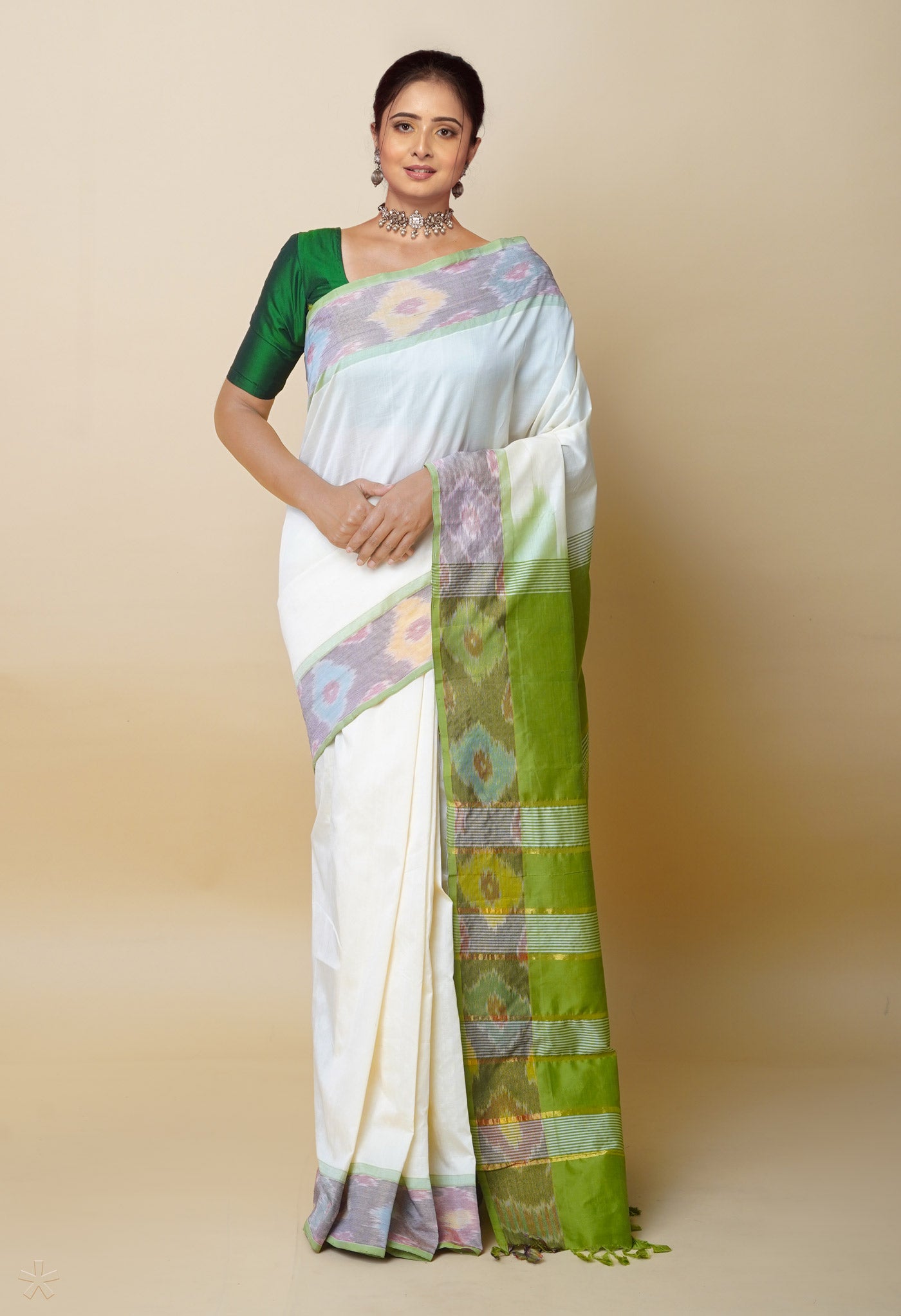 Cream Pochampally Cotton Silk Saree