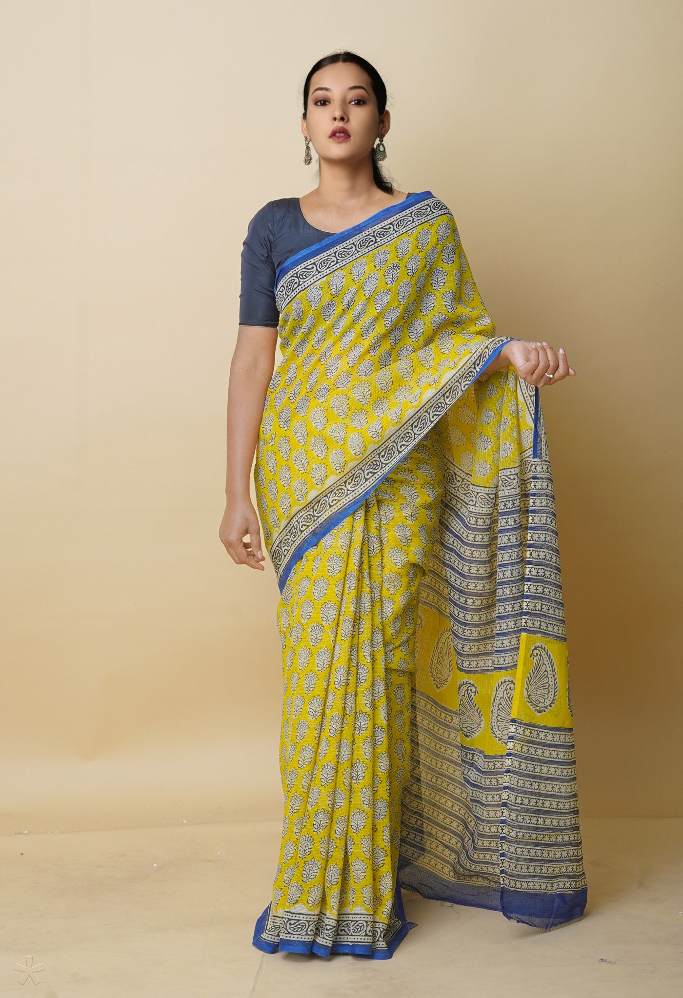 Yellow Pure Bagru Printed Kota Cotton Saree