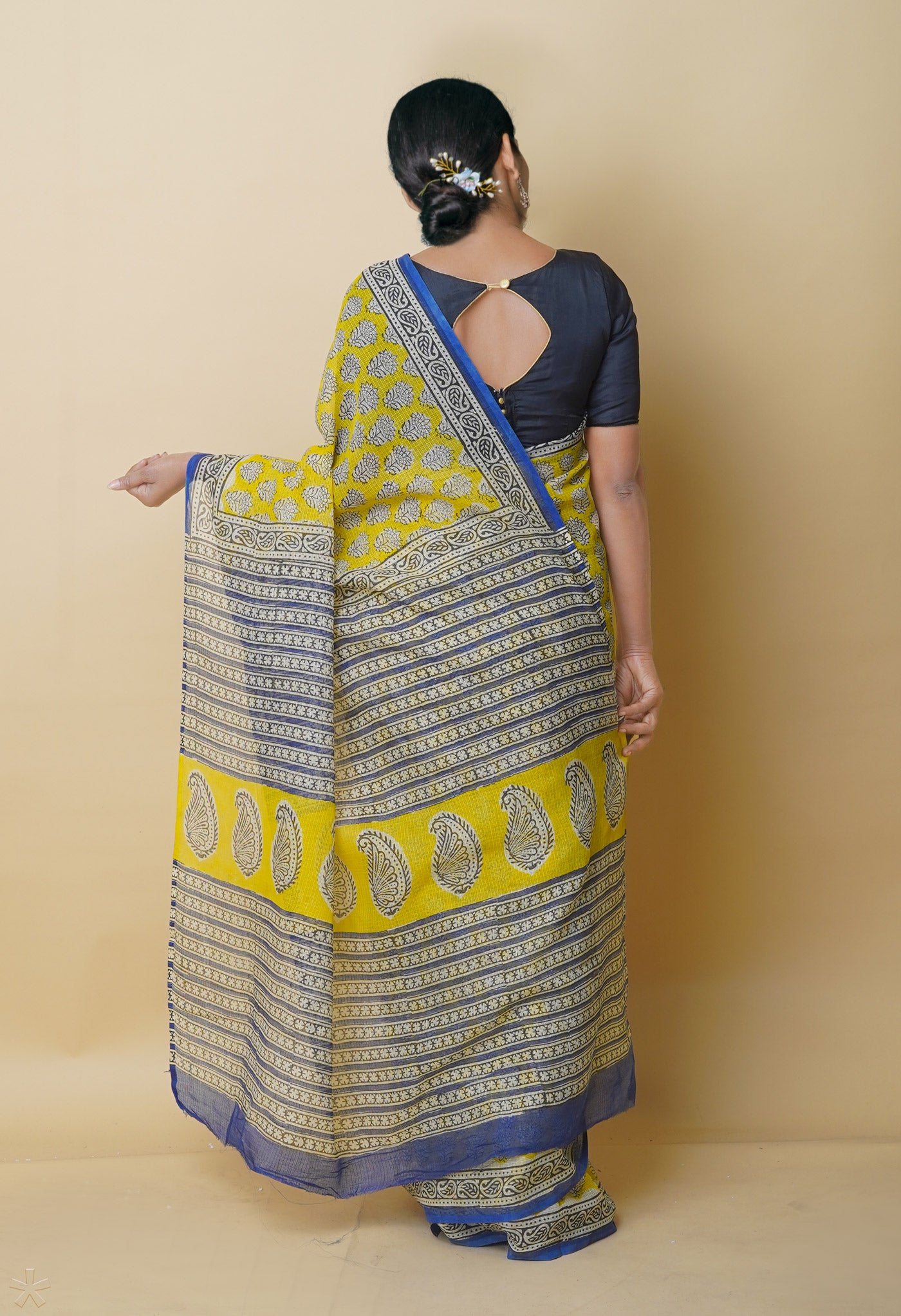 Yellow Pure Bagru Printed Kota Cotton Saree