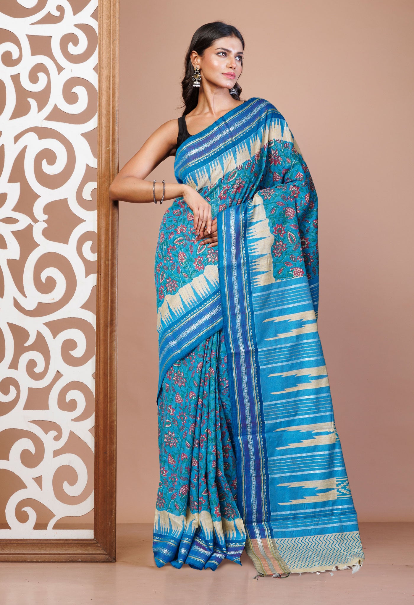 Blue Pure Handloom Hand Block Printed Vidarbha Tussar Silk Saree-UNM75415