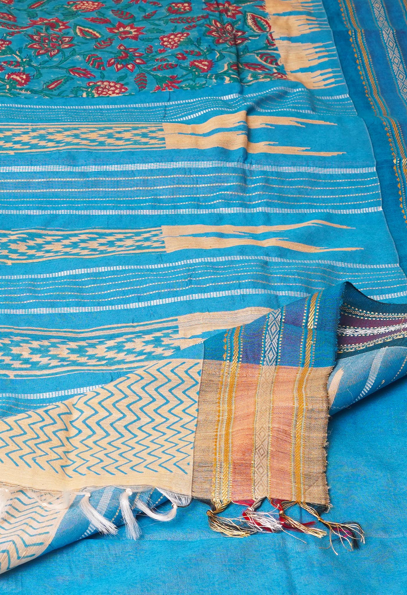 Blue Pure Handloom Hand Block Printed Vidarbha Tussar Silk Saree-UNM75415