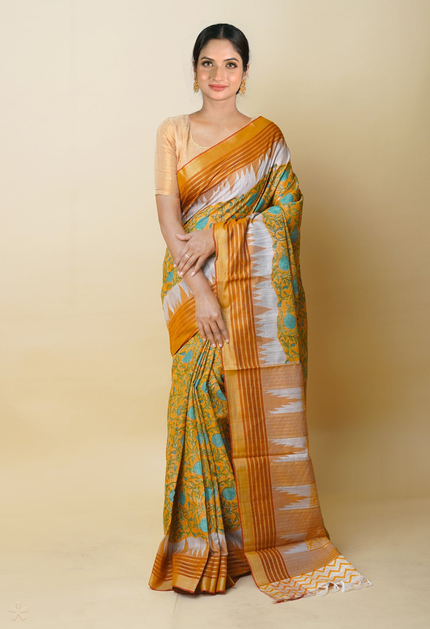 Orange Pure Handloom Hand Block Printed Vidarbha Tussar Silk Saree