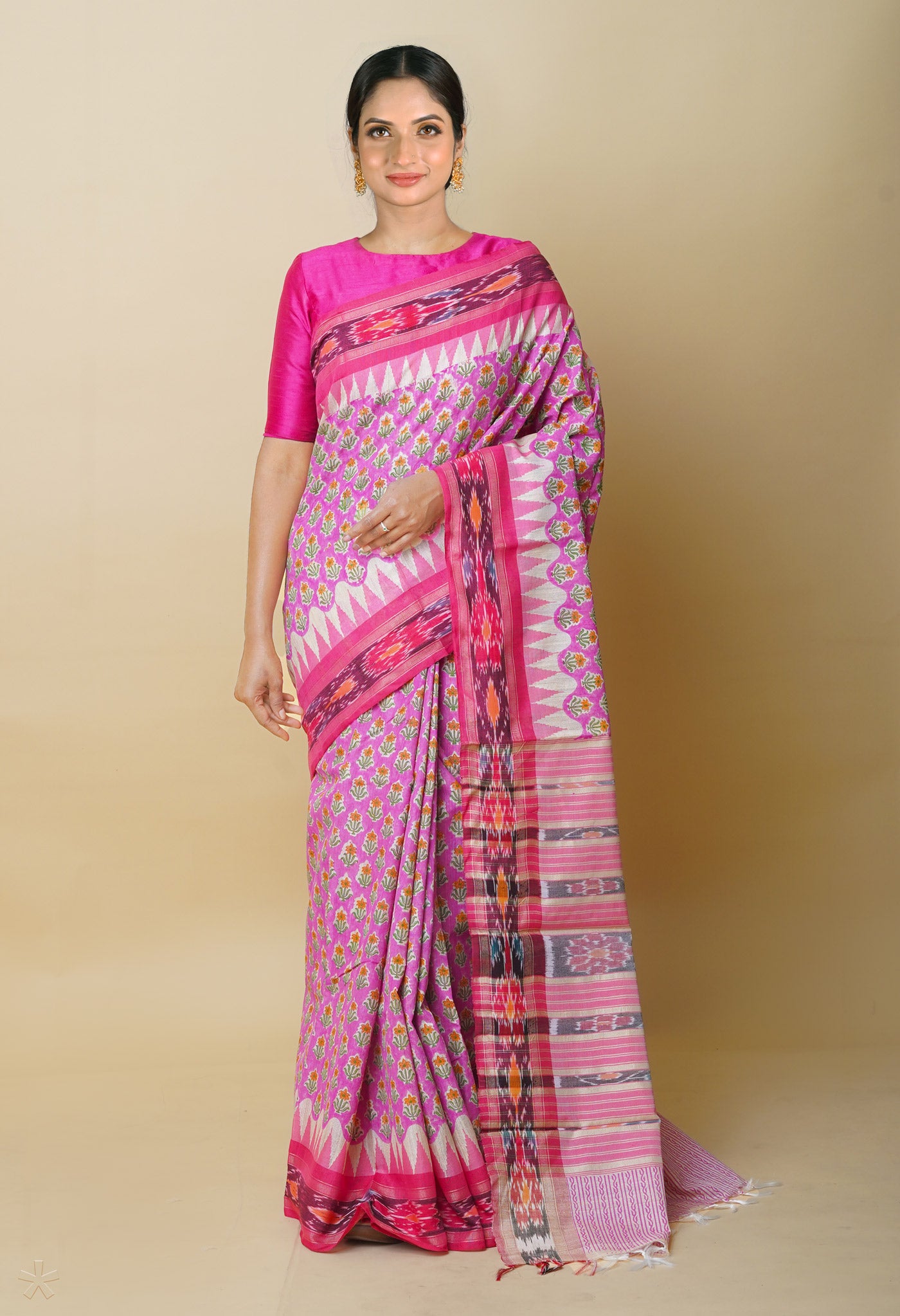 Pink Pure Handloom Hand Block Printed Vidarbha Tussar Silk Saree