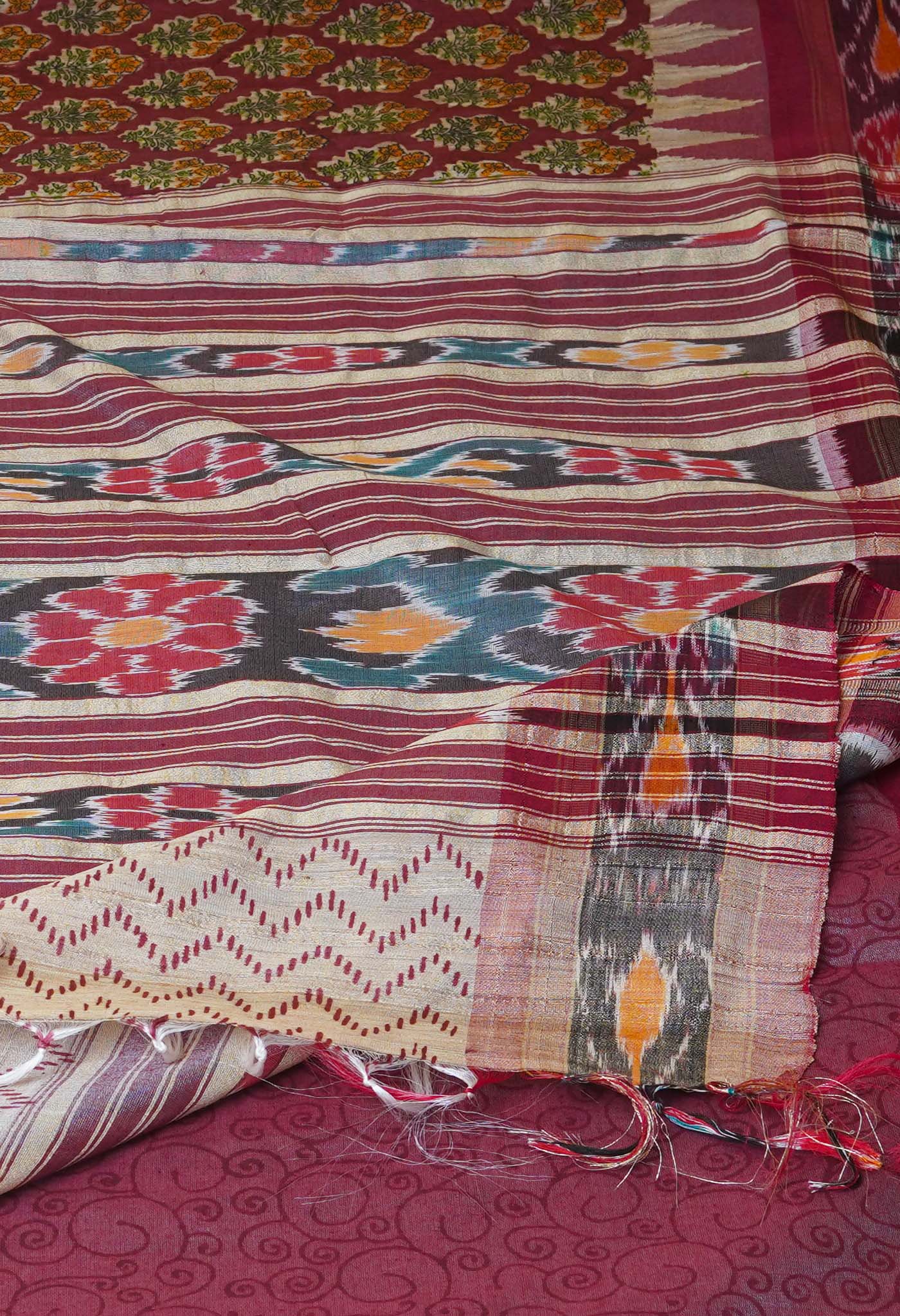 Burgundy Pure Handloom Hand Block Printed Vidarbha Tussar Silk Saree
