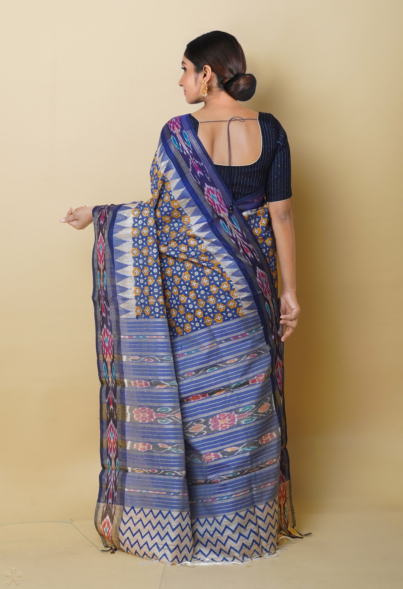 Yellow-Blue Pure Handloom Hand Block Printed Vidarbha Tussar Silk Saree