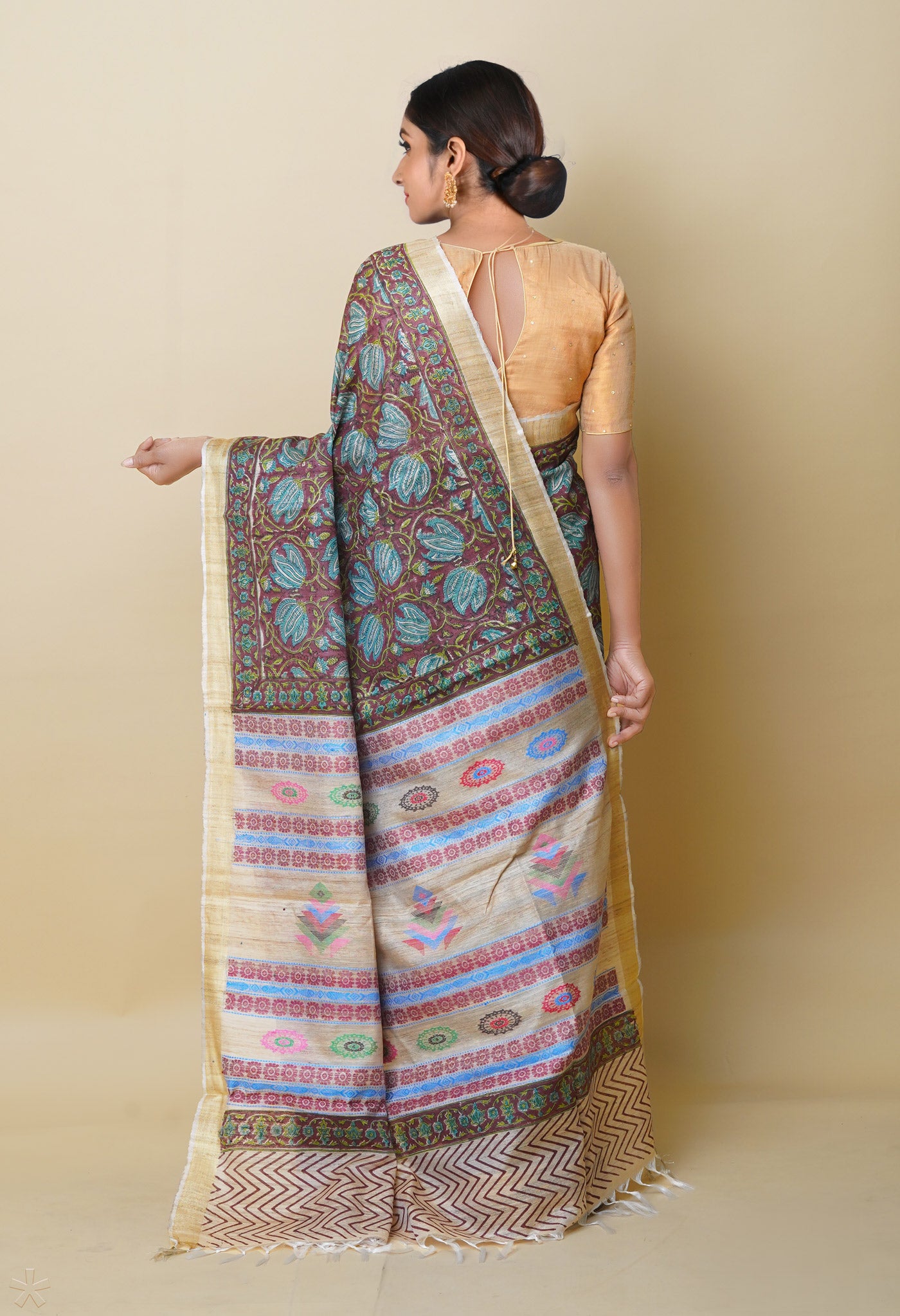Brown Pure Handloom Hand Block Printed Vidarbha Tussar Silk Saree