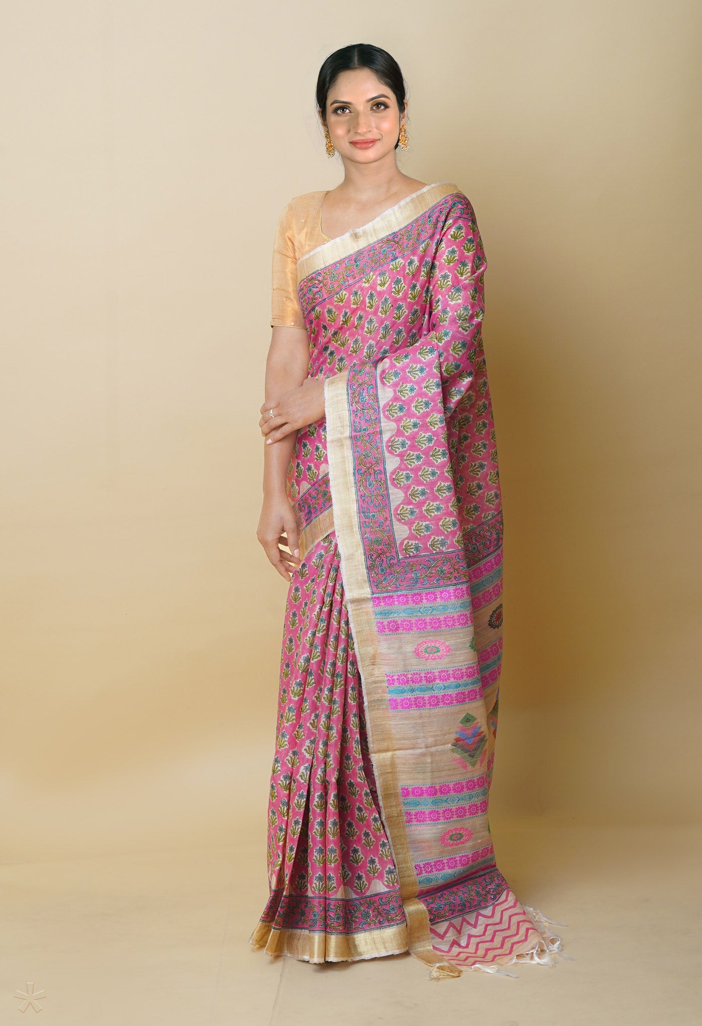 Pink Pure Handloom Hand Block Printed Vidarbha Tussar Silk Saree
