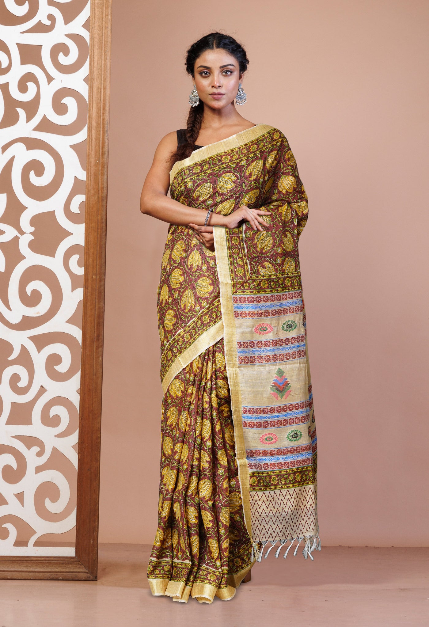 Brown Pure Handloom Hand Block Printed Vidarbha Tussar Silk Saree-UNM75430