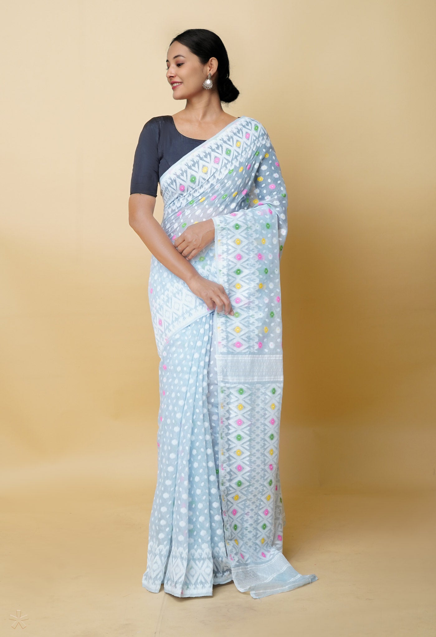 Light Blue  Jamdhani Bengal Cotton Silk Saree-UNM75433