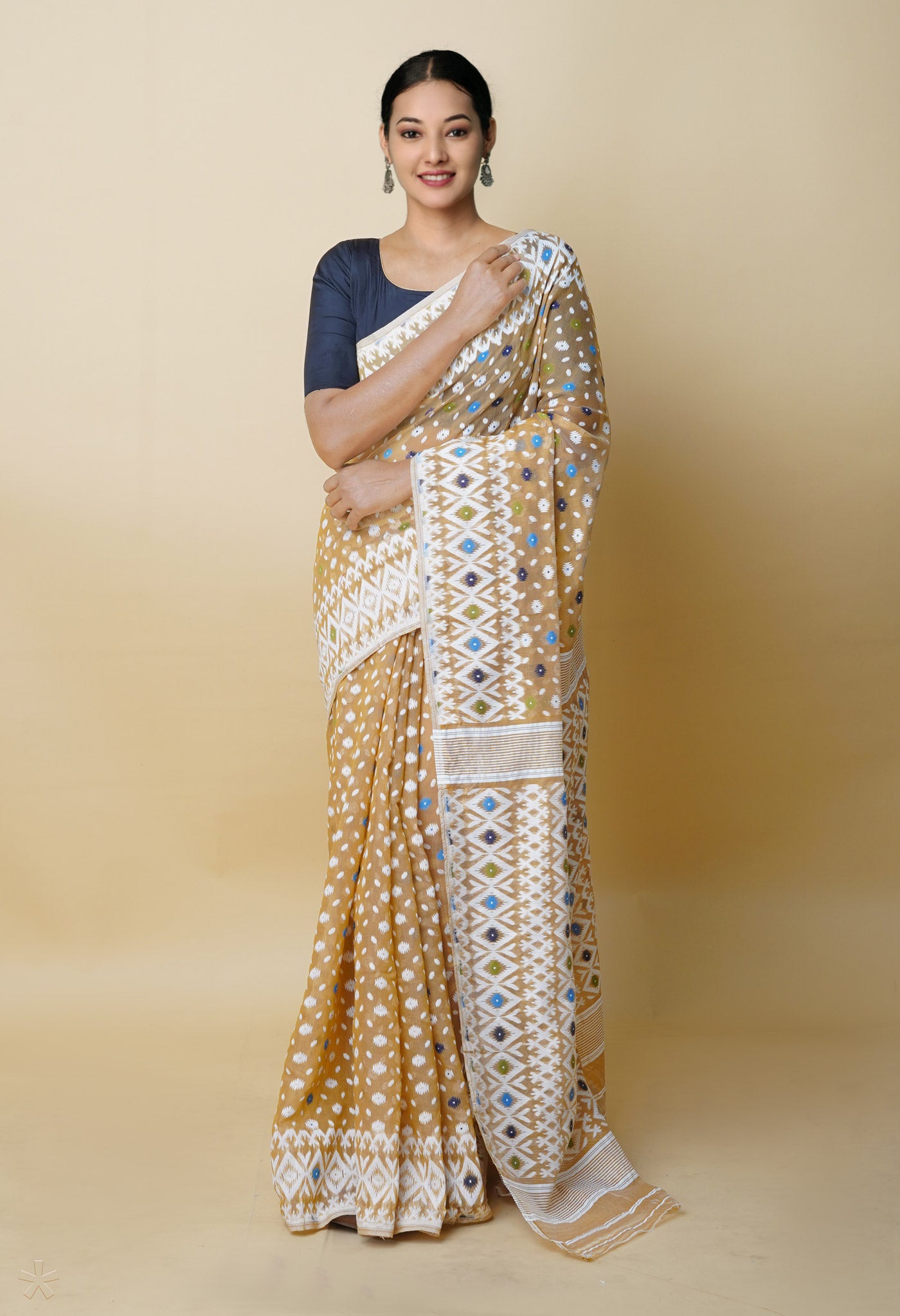 Brown Jamdhani Bengal Cotton Silk Saree