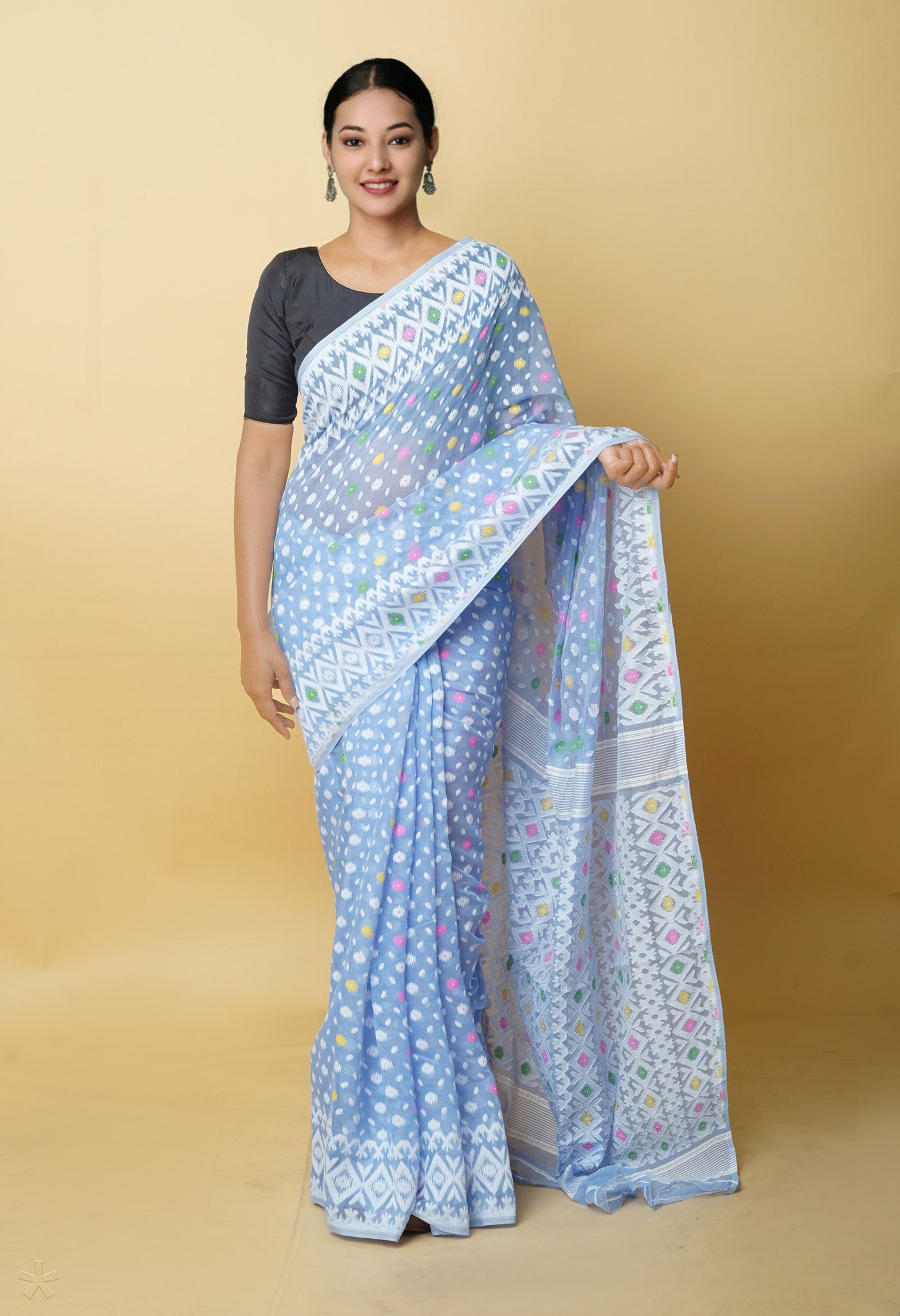 Blue Jamdhani Bengal Cotton Silk Saree