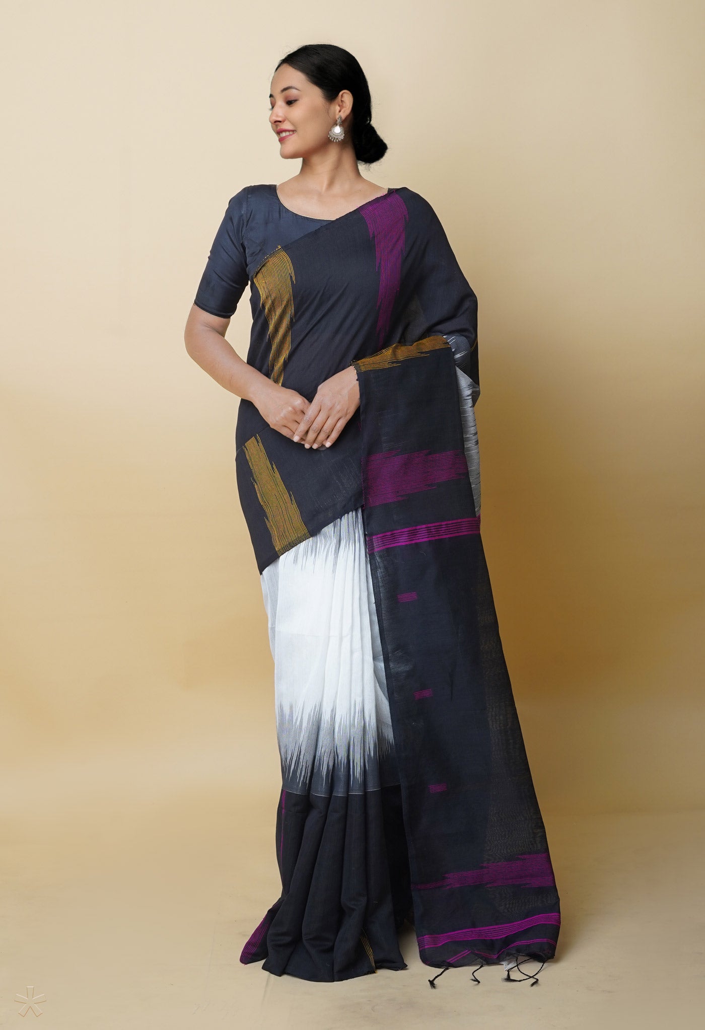 White-Black Pure Handloom Bengal Linen Saree