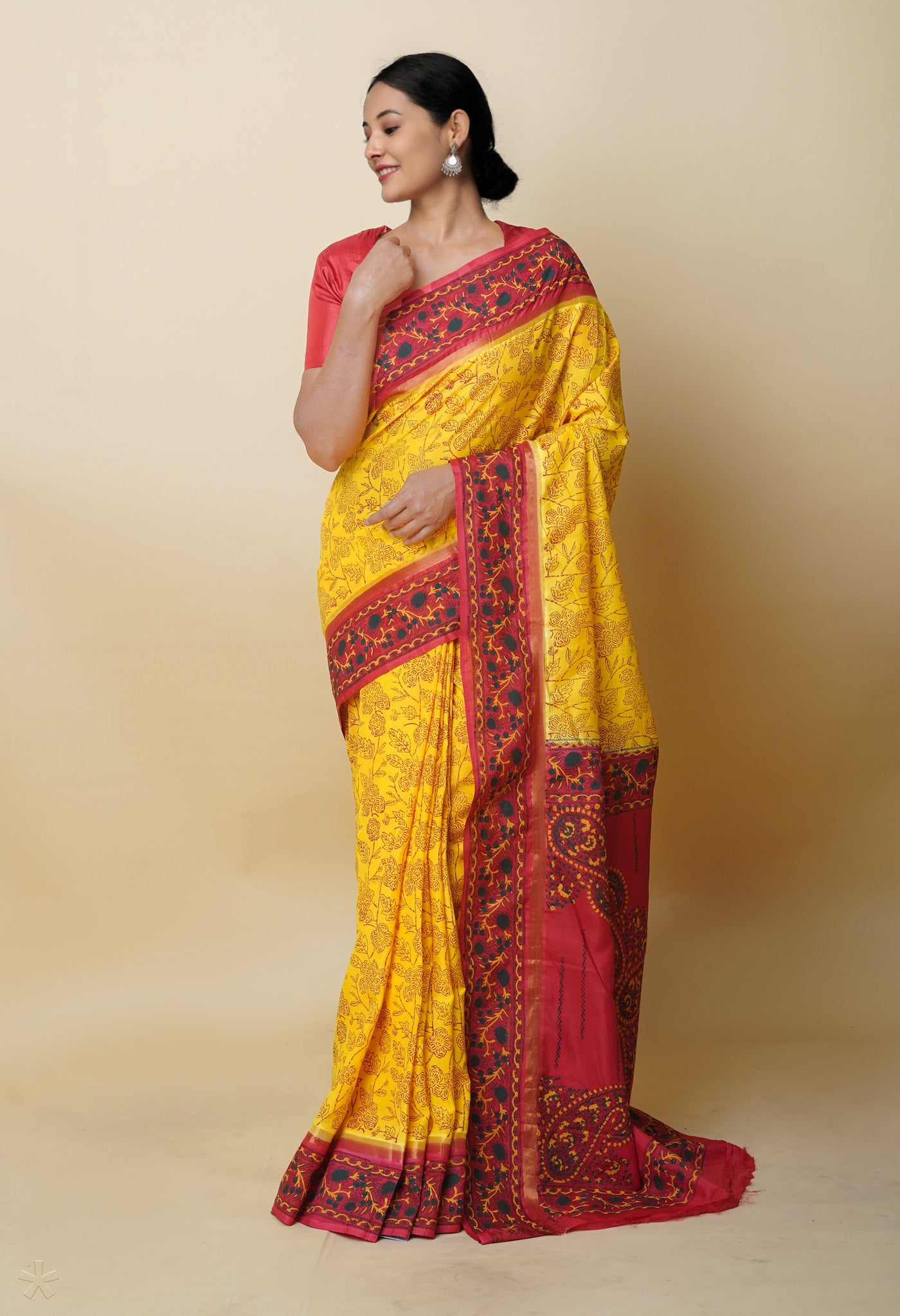 Yellow-Red  Dyed Printed Summer Bangalore Soft Silk Saree-UNM75446