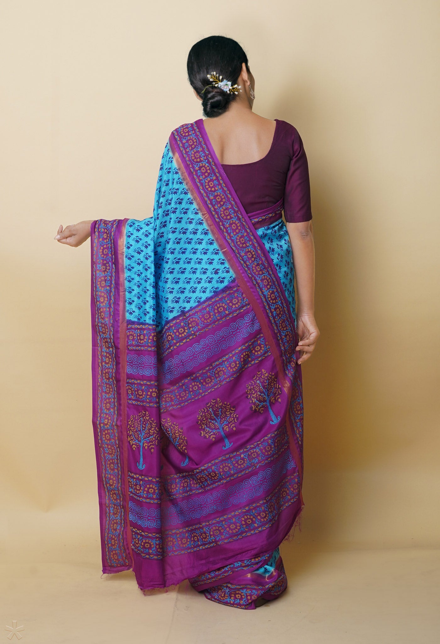 Blue-Pink Dyed Printed Summer Bangalore Soft Silk Saree
