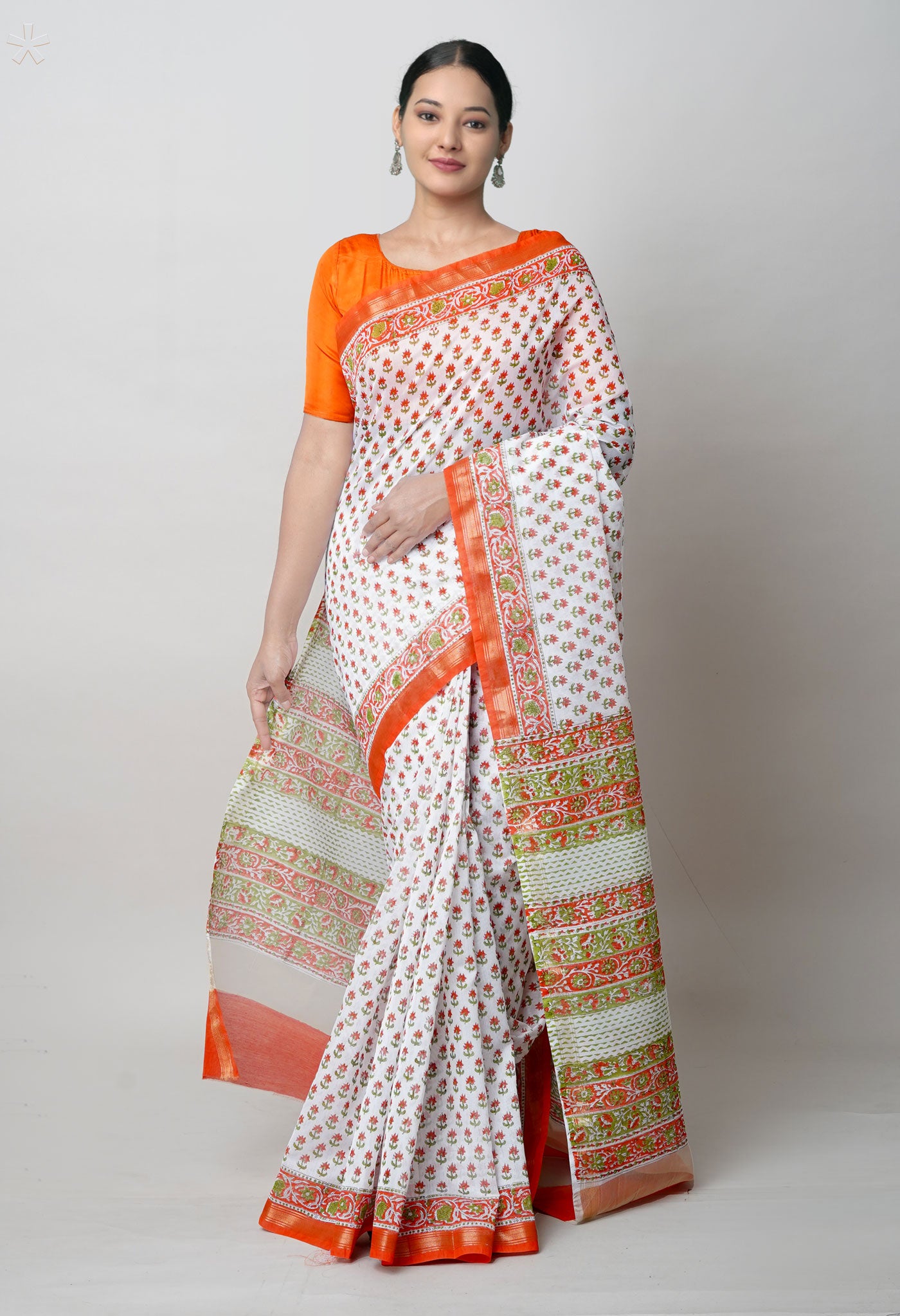 White-Orange Block Printed Chanderi Sico Saree
