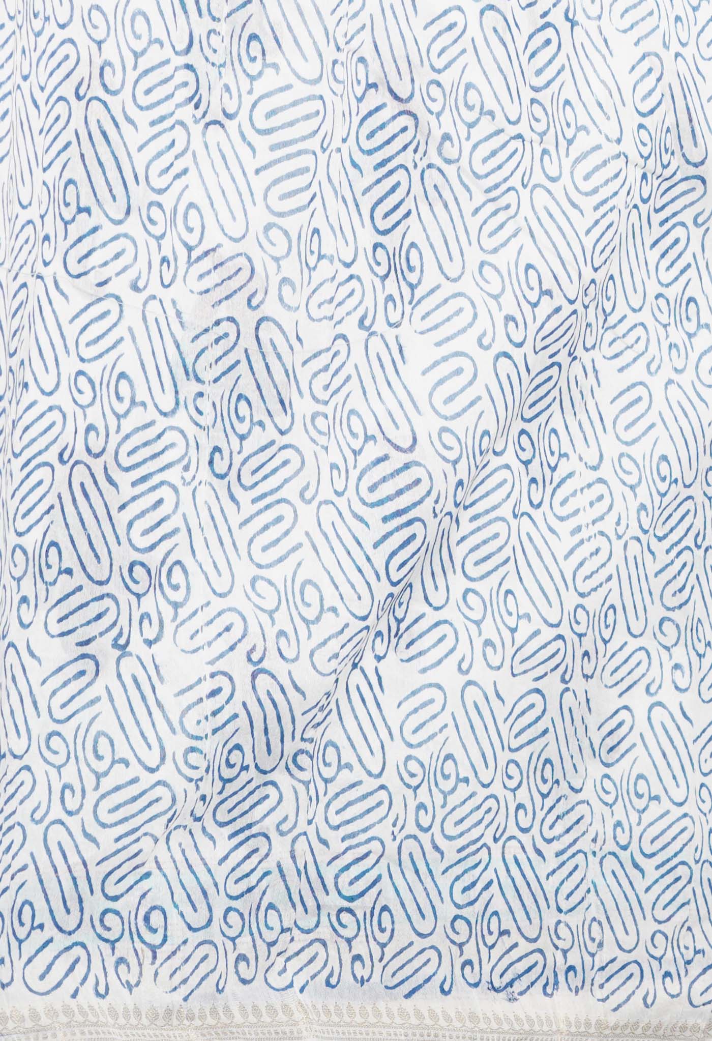 White-Blue  Block Printed Chanderi Sico Saree