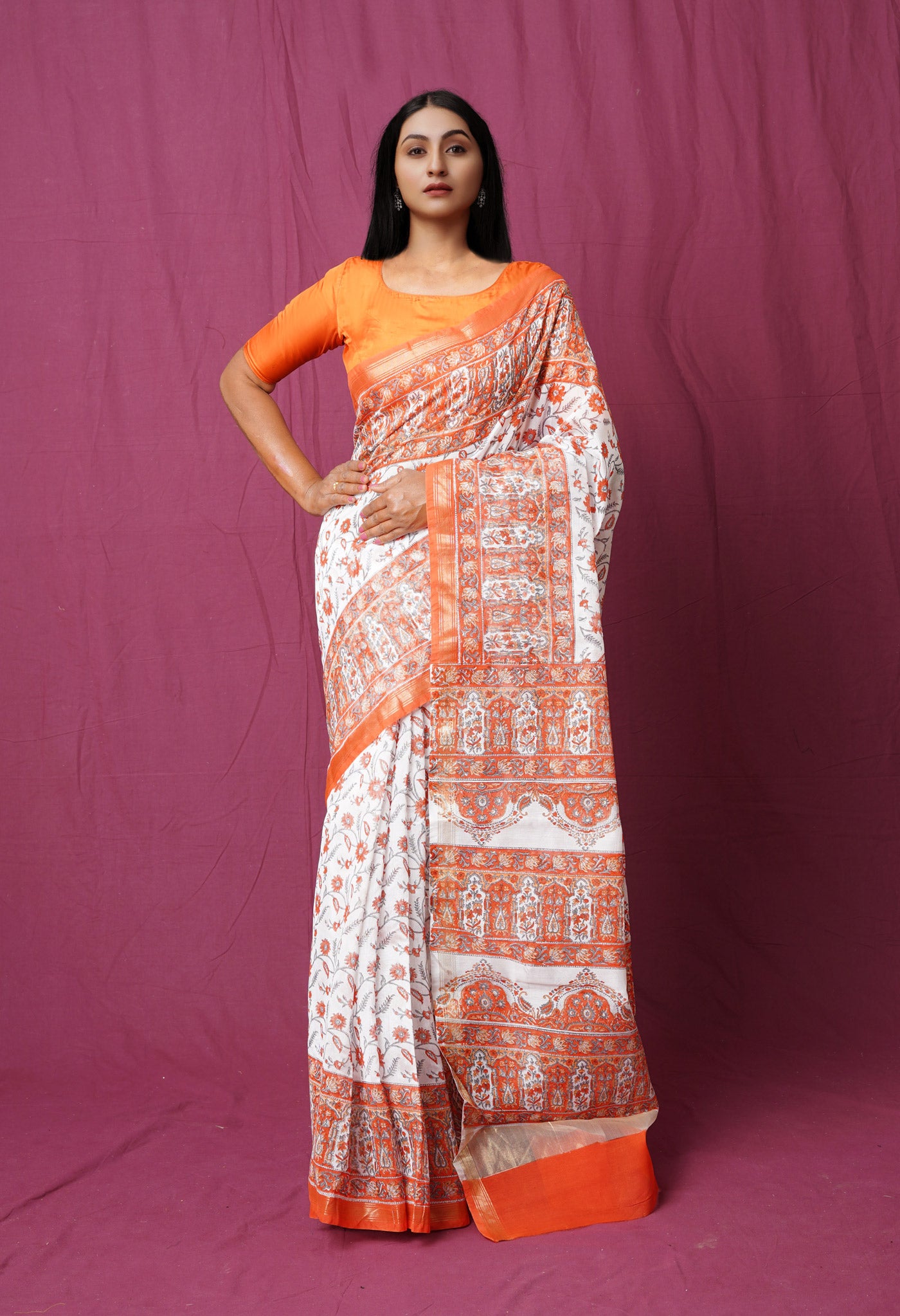 White-Orange  Block Printed Chanderi Sico Saree
