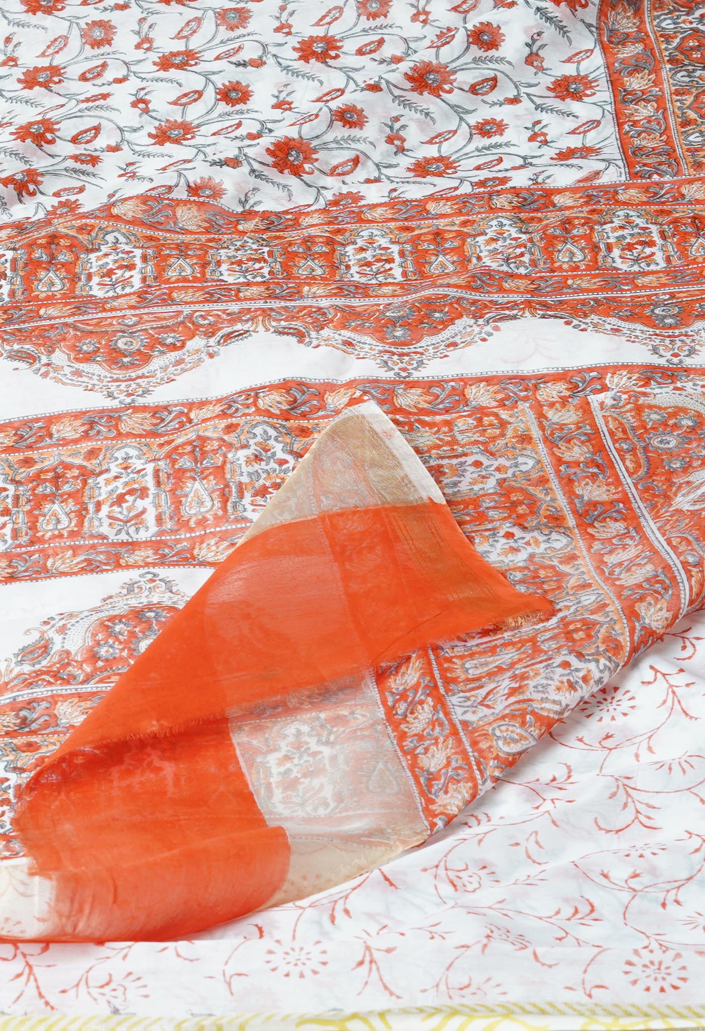 White-Orange  Block Printed Chanderi Sico Saree