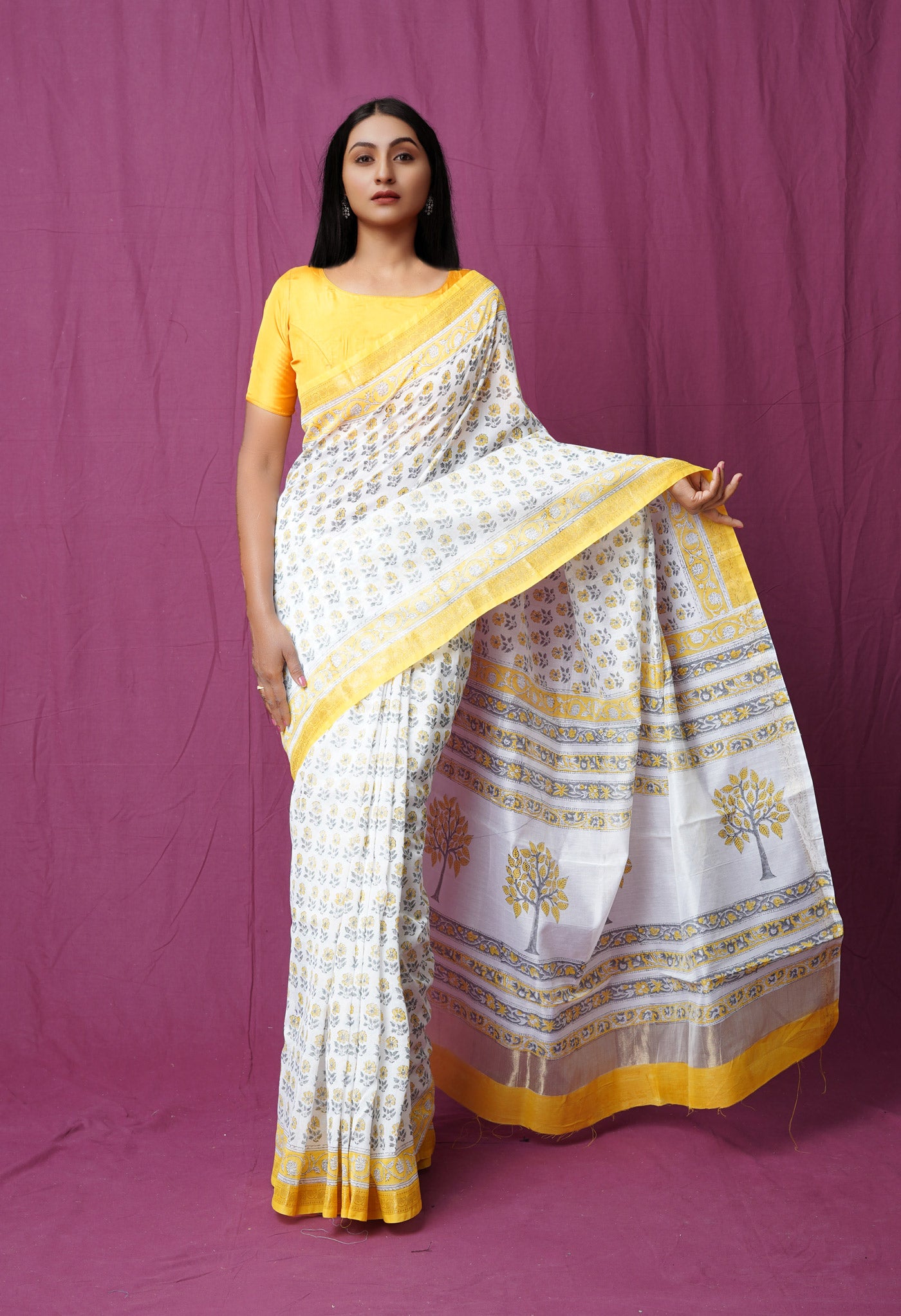 White-Yellow  Block Printed Chanderi Sico Saree