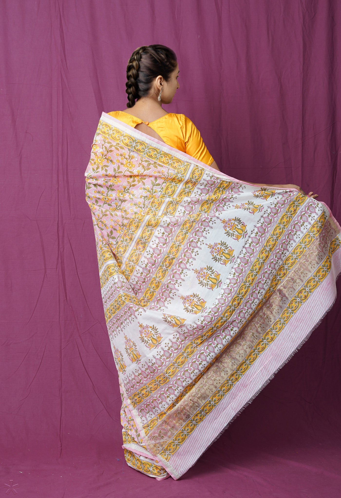 Baby Pink-Yellow  Block Printed Chanderi Sico Saree