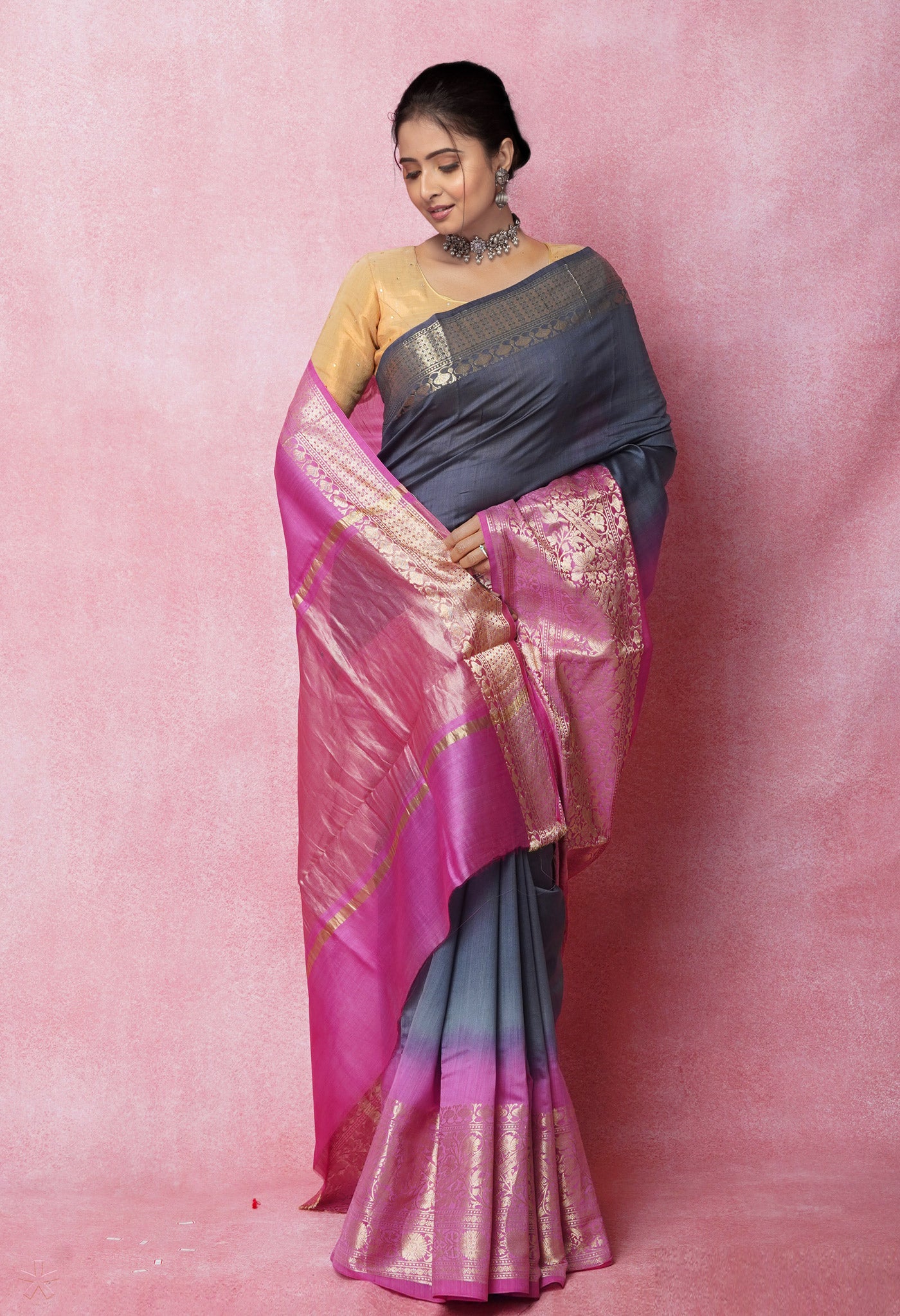 Grey Pure Dyed Banarasi Chiniya Silk Saree