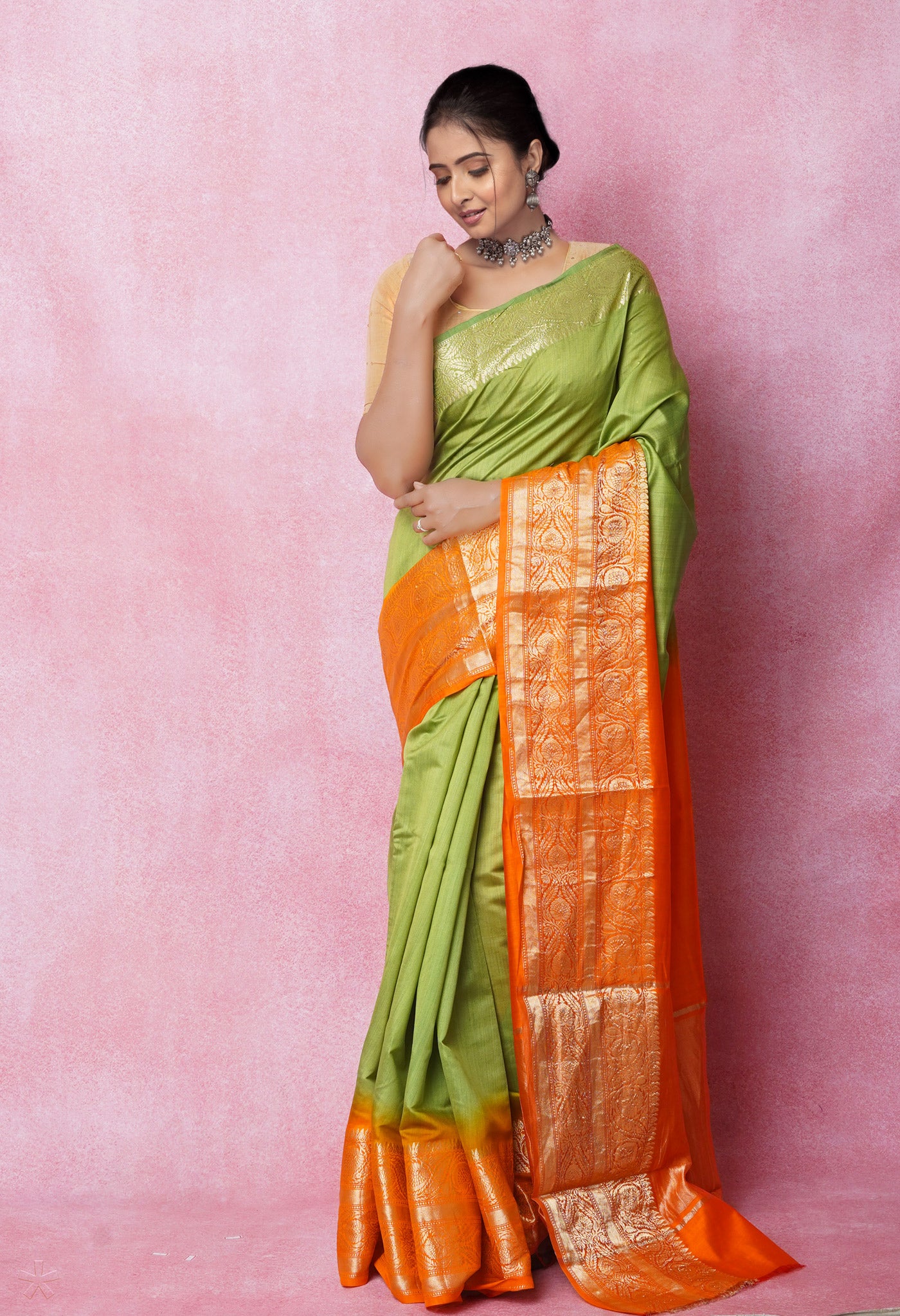 Olive Green Pure Dyed Banarasi Chiniya Silk Saree