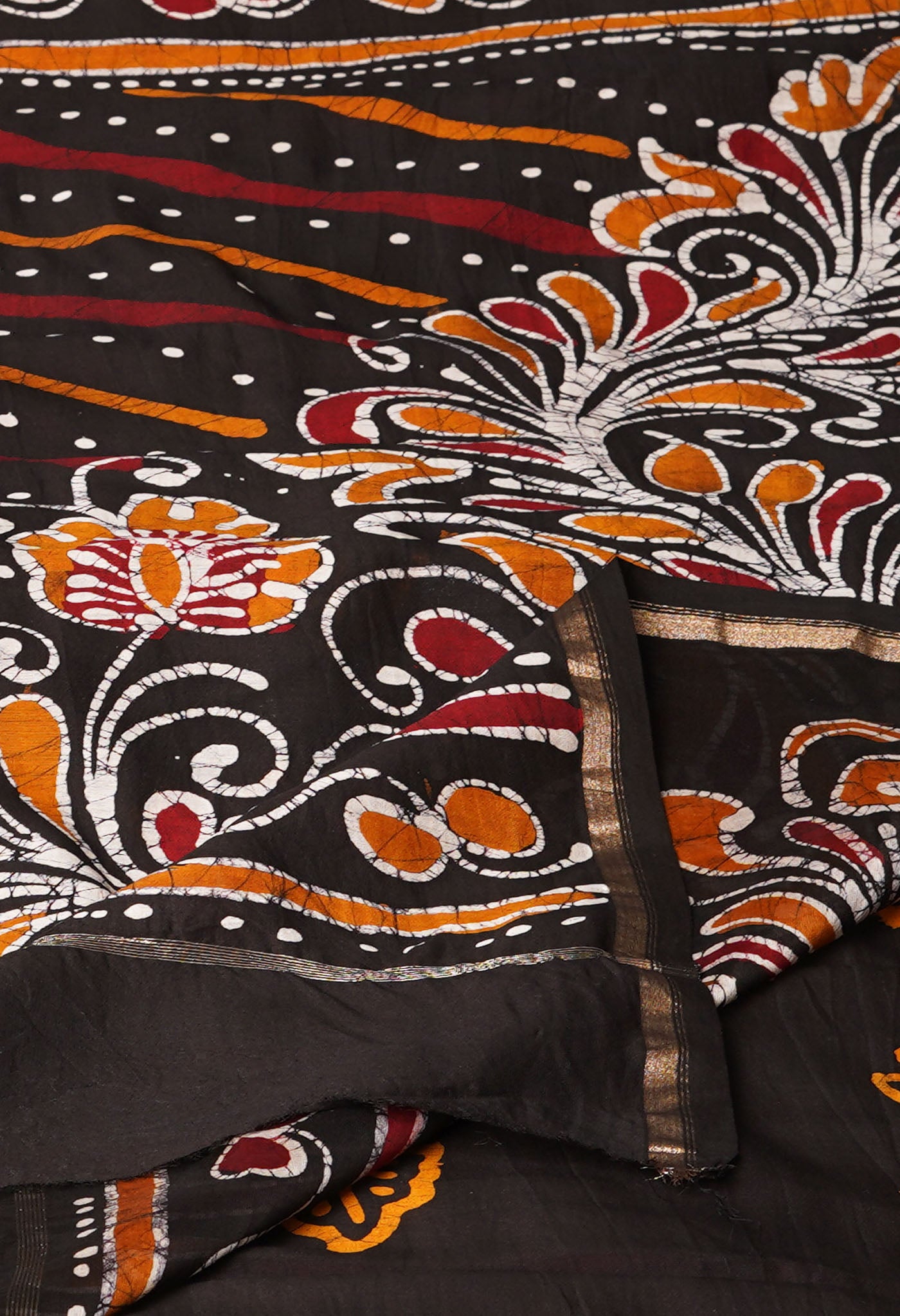 Red-Black Pure  Pen Wax Batik Hand Printed Chanderi Sico Saree
