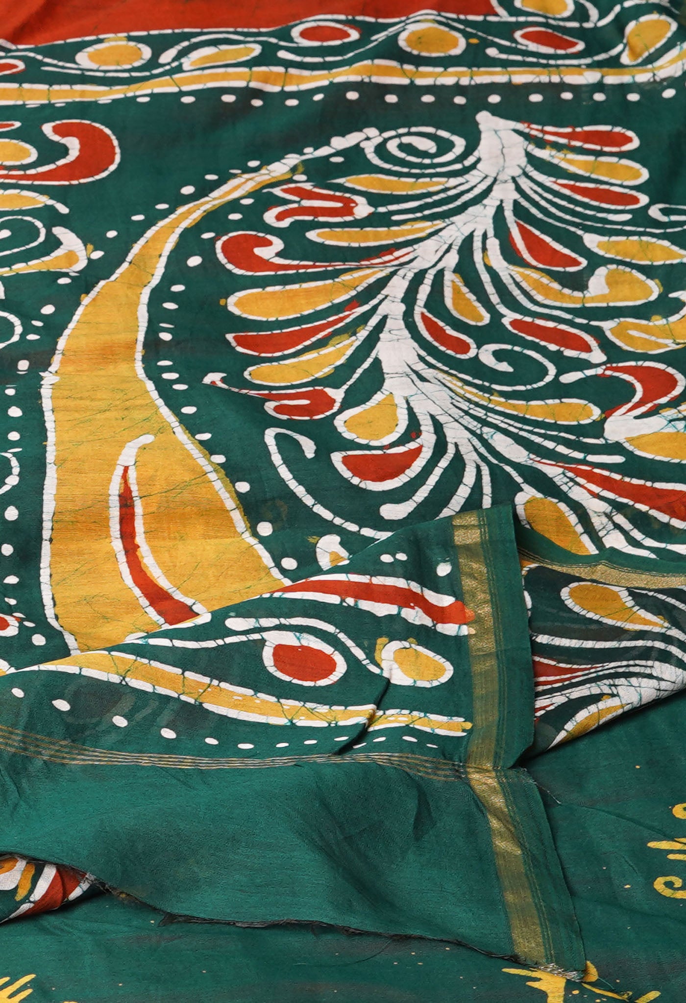 Burnt Orange-Green Pure  Pen Wax Batik Hand Printed Chanderi Sico Saree