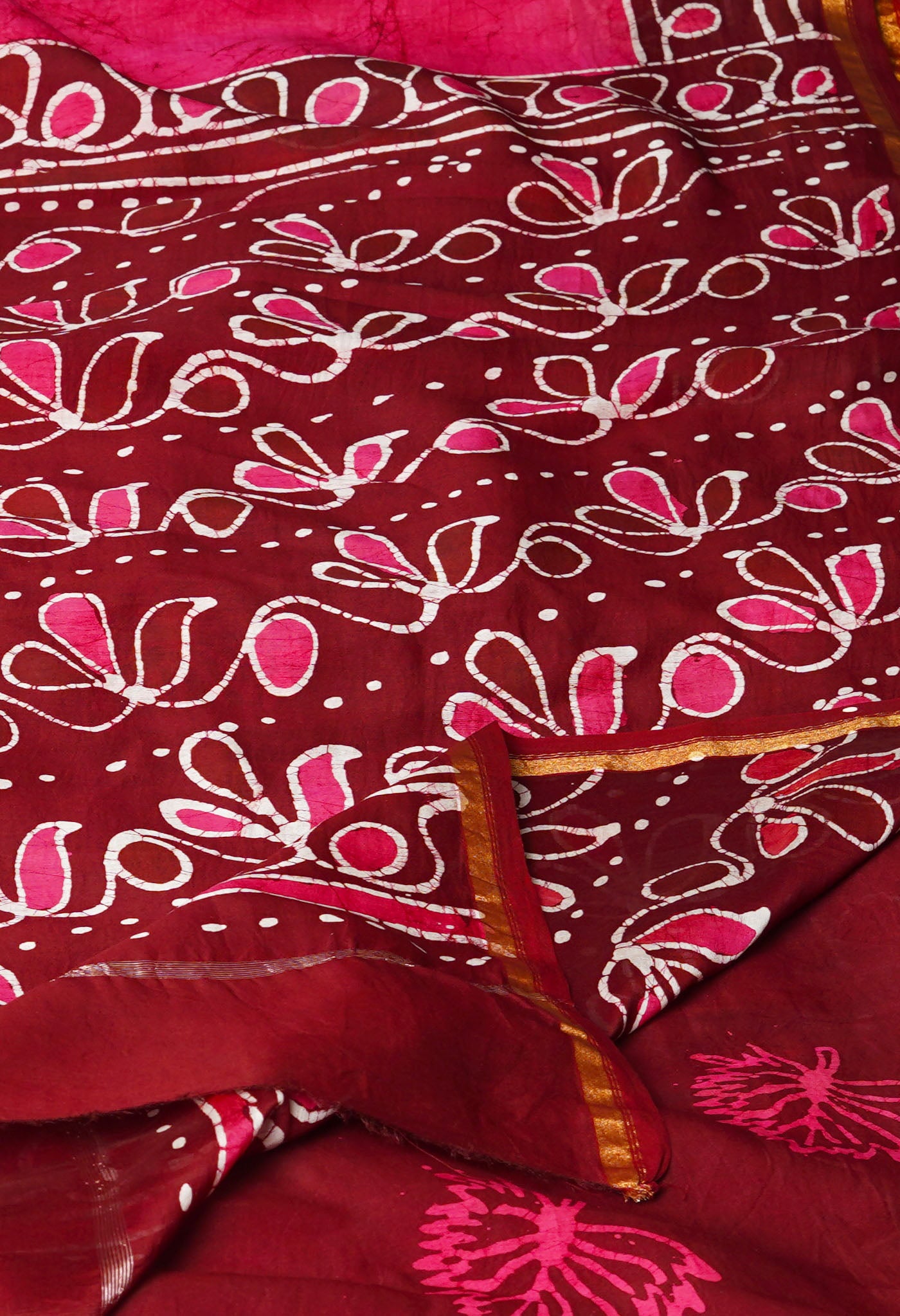 Pink-Maroon Pure  Pen Wax Batik Hand Printed Chanderi Sico Saree