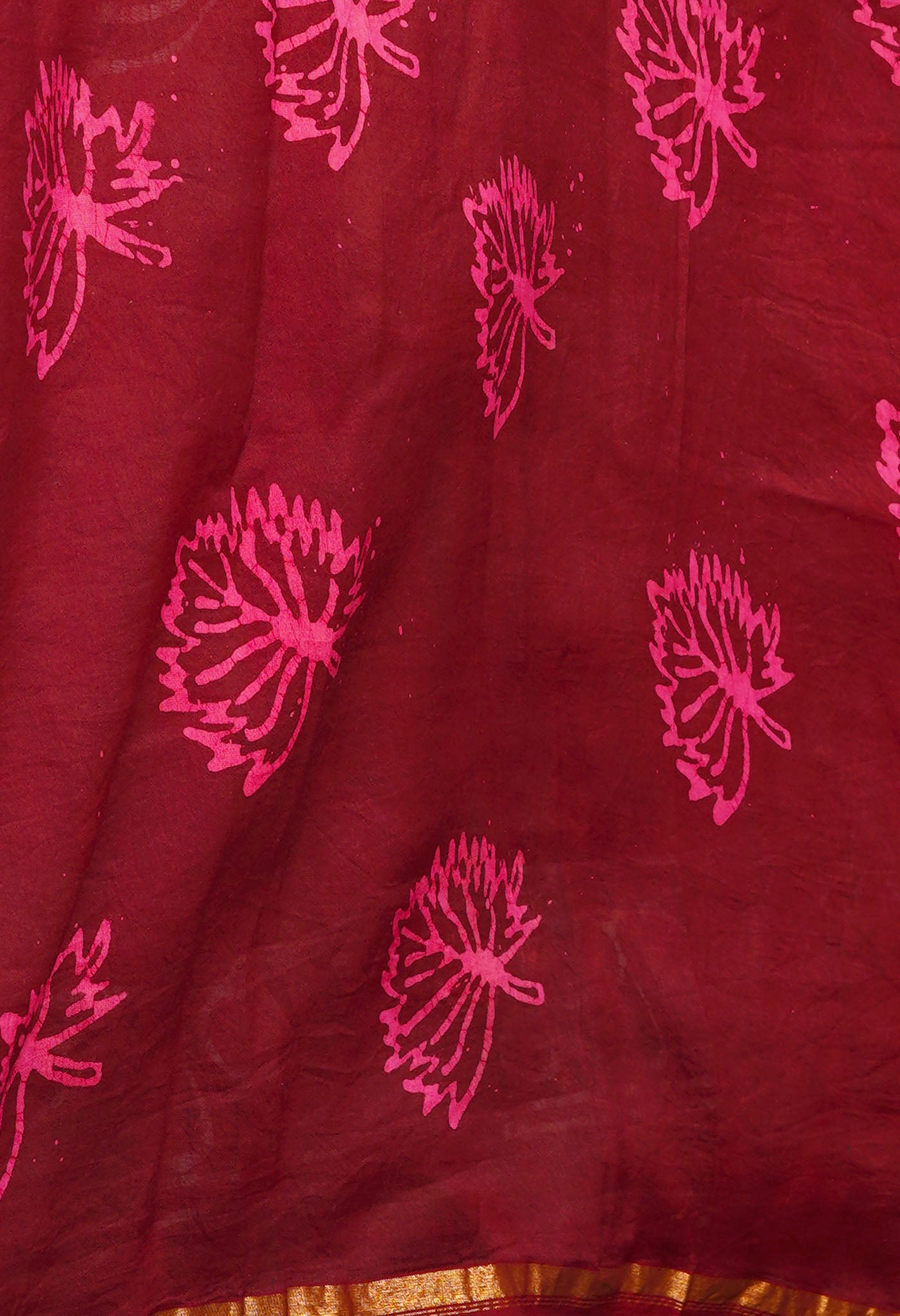 Pink-Maroon Pure  Pen Wax Batik Hand Printed Chanderi Sico Saree