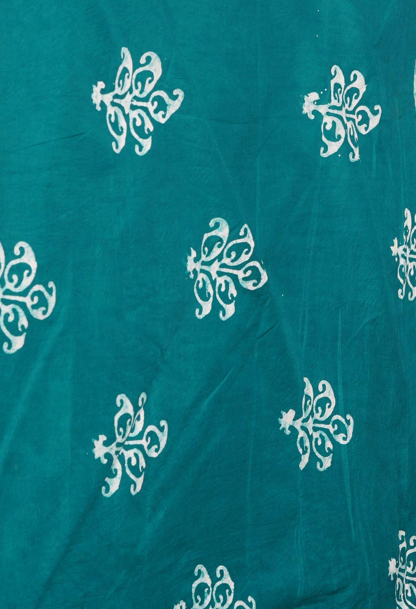 Ivory-Green Pure  Wax Batik Hand Block Printed Superfine Mulmul Cotton Saree