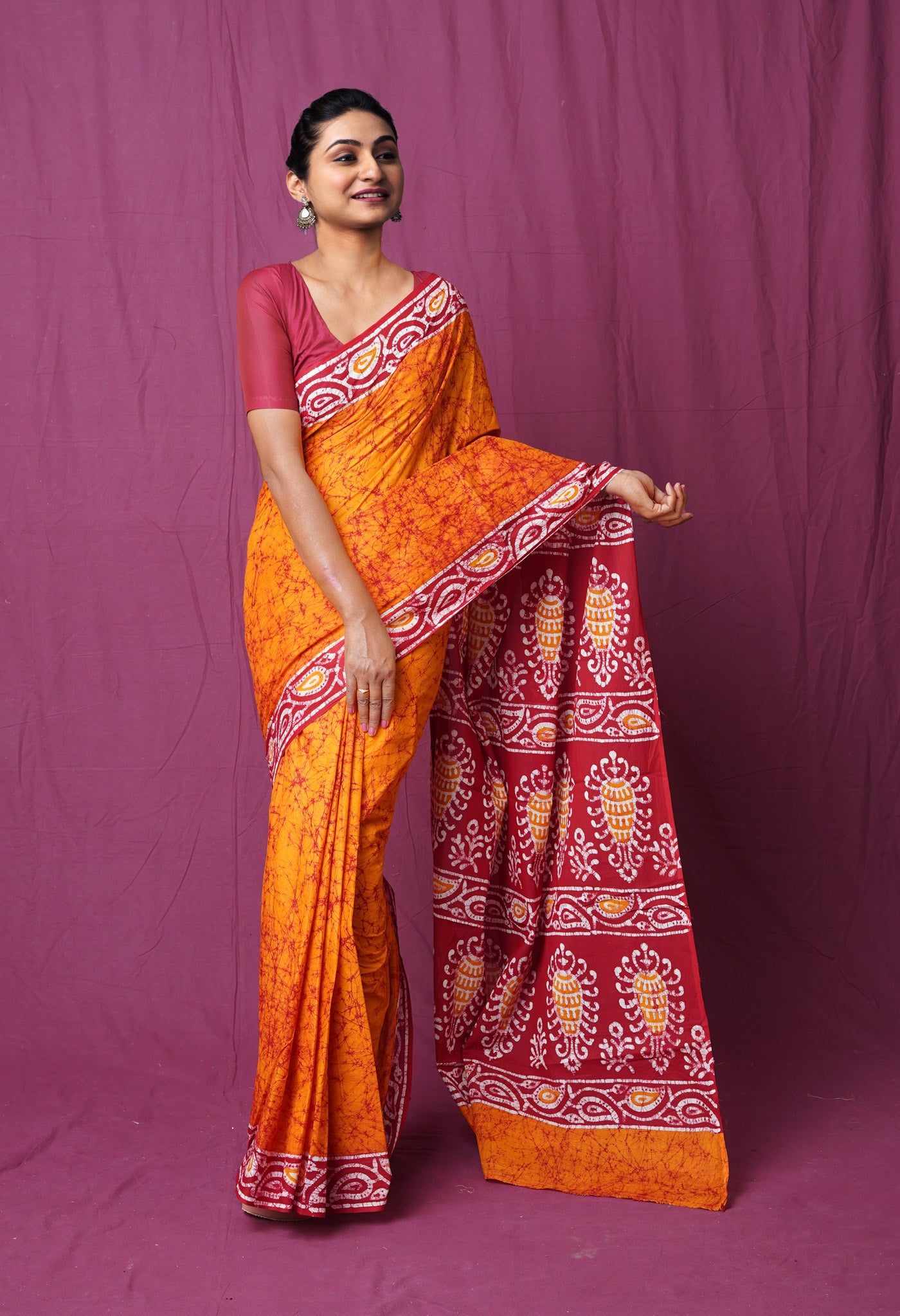 Yellow-Red Pure  Wax Batik Hand Block Printed Superfine Mulmul Cotton Saree