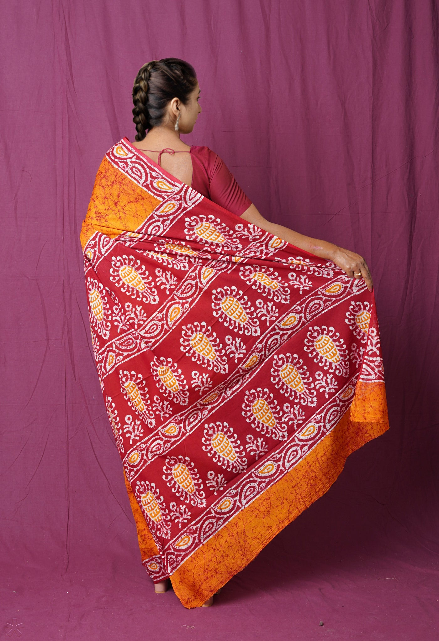 Yellow-Red Pure  Wax Batik Hand Block Printed Superfine Mulmul Cotton Saree