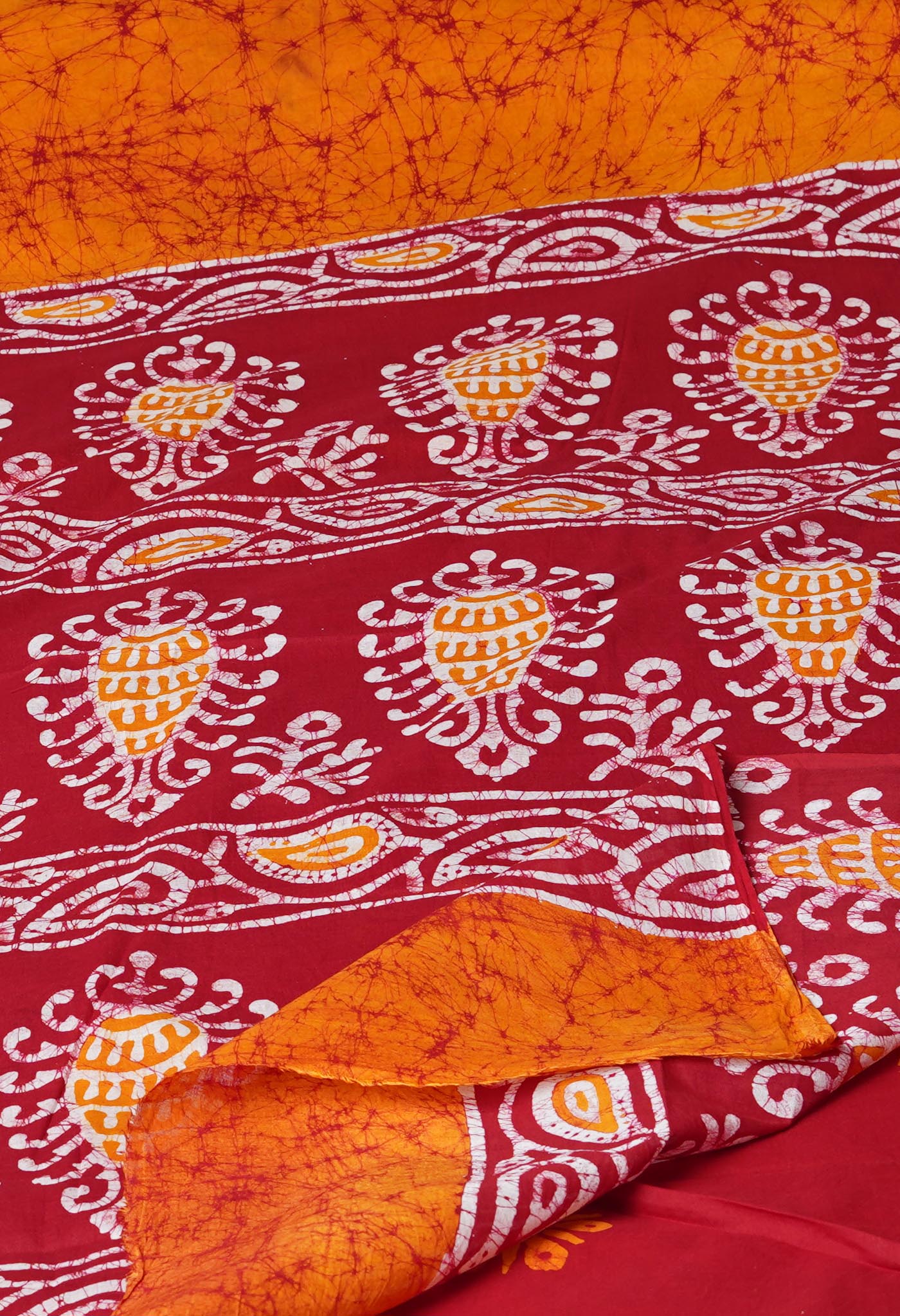 Yellow-Red Pure  Wax Batik Hand Block Printed Superfine Mulmul Cotton Saree