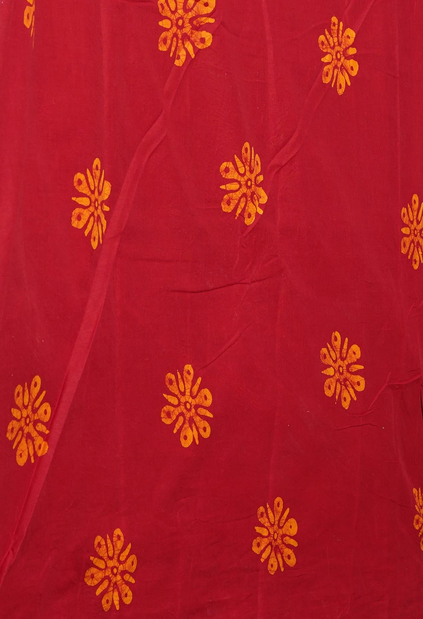 Yellow-Red Pure  Wax Batik Hand Block Printed Superfine Mulmul Cotton Saree