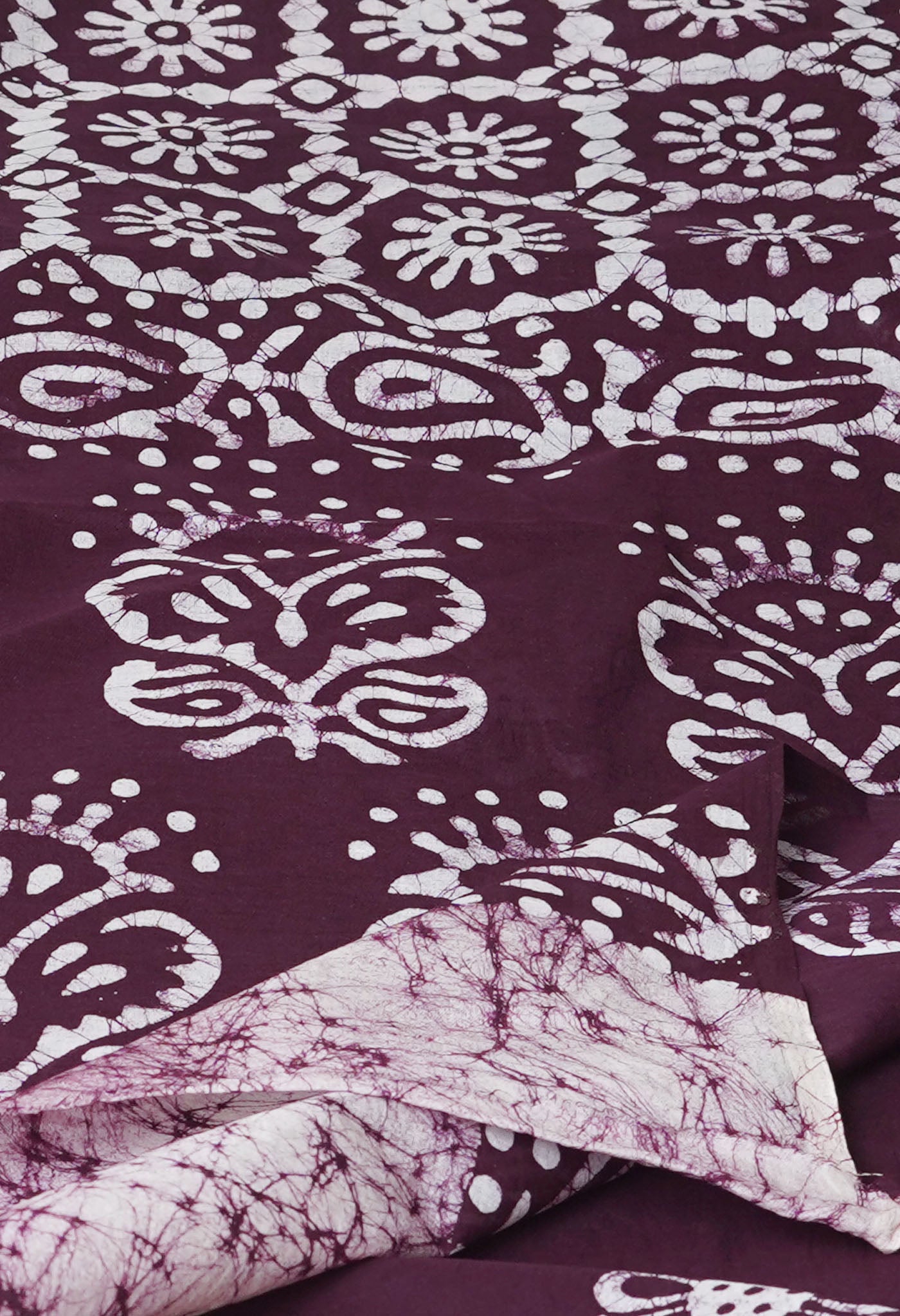 Ivory-Dark Purple Pure Wax Batik Hand Block Printed Superfine Mulmul Cotton Saree