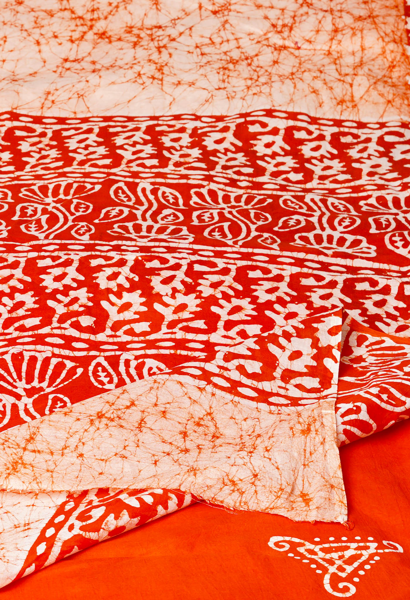 Ivory-Orange Pure  Wax Batik Hand Block Printed Superfine Mulmul Cotton Saree