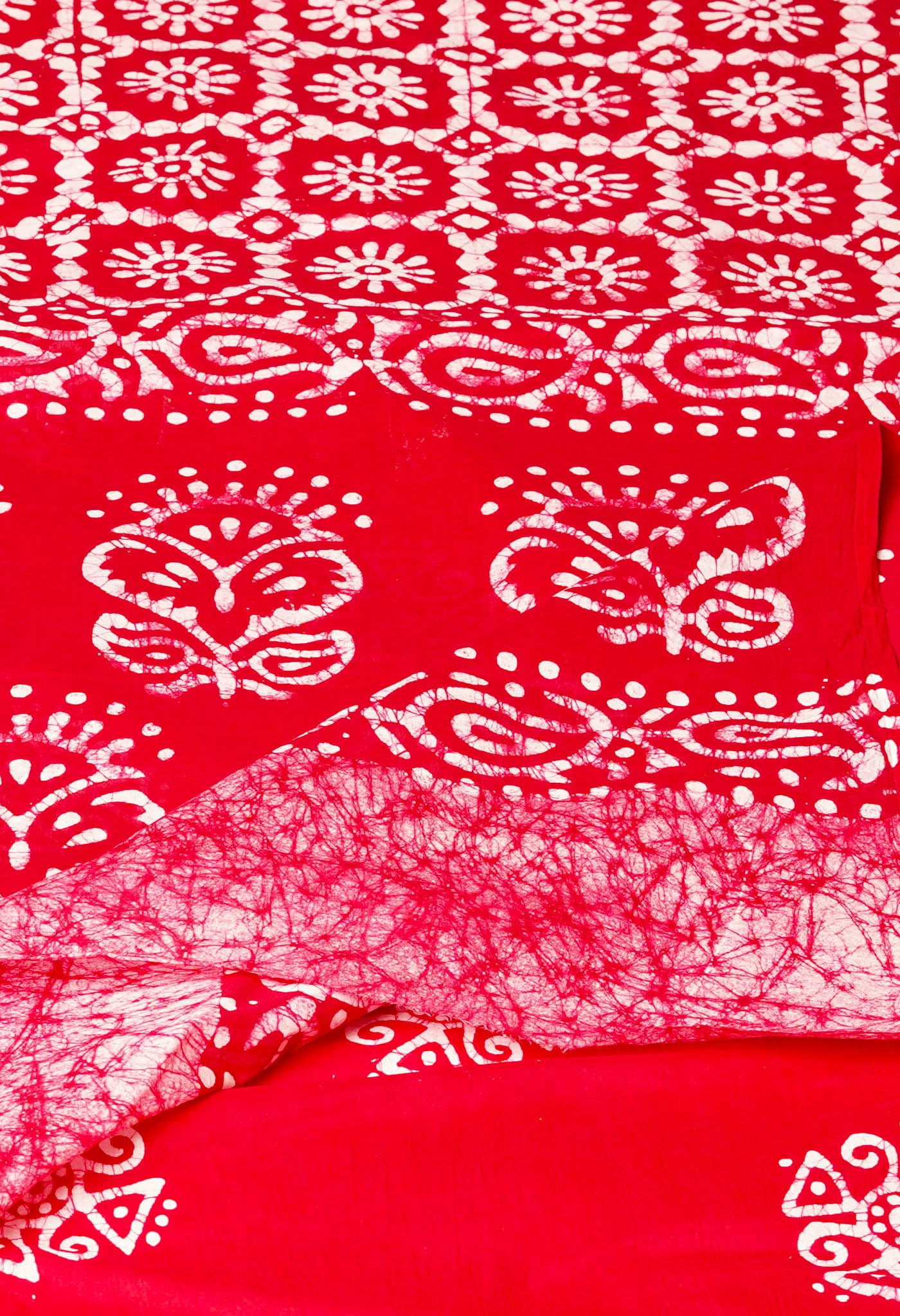 Ivory-Red Pure  Wax Batik Hand Block Printed Superfine Mulmul Cotton Saree