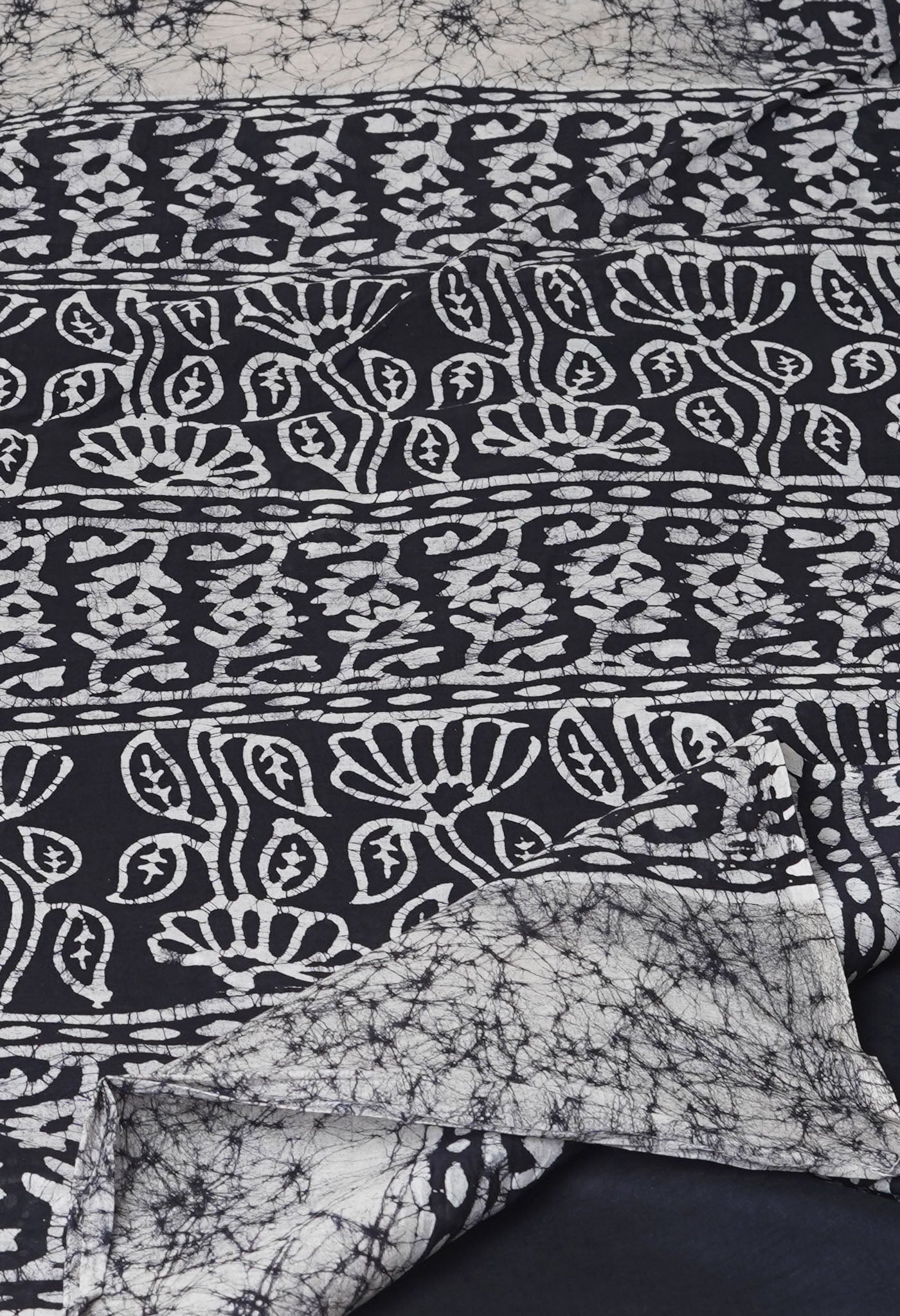 Ivory-Black Pure Wax Batik Hand Block Printed Superfine Mulmul Cotton Saree