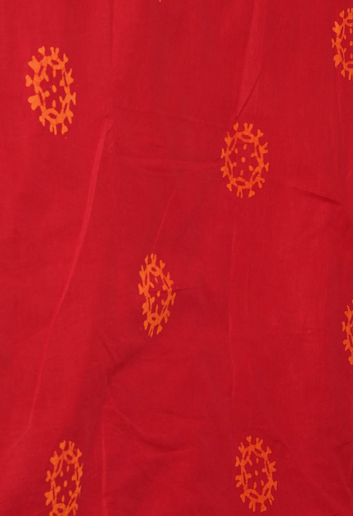 Orange-Red Pure  Wax Batik Hand Block Printed Superfine Mulmul Cotton Saree