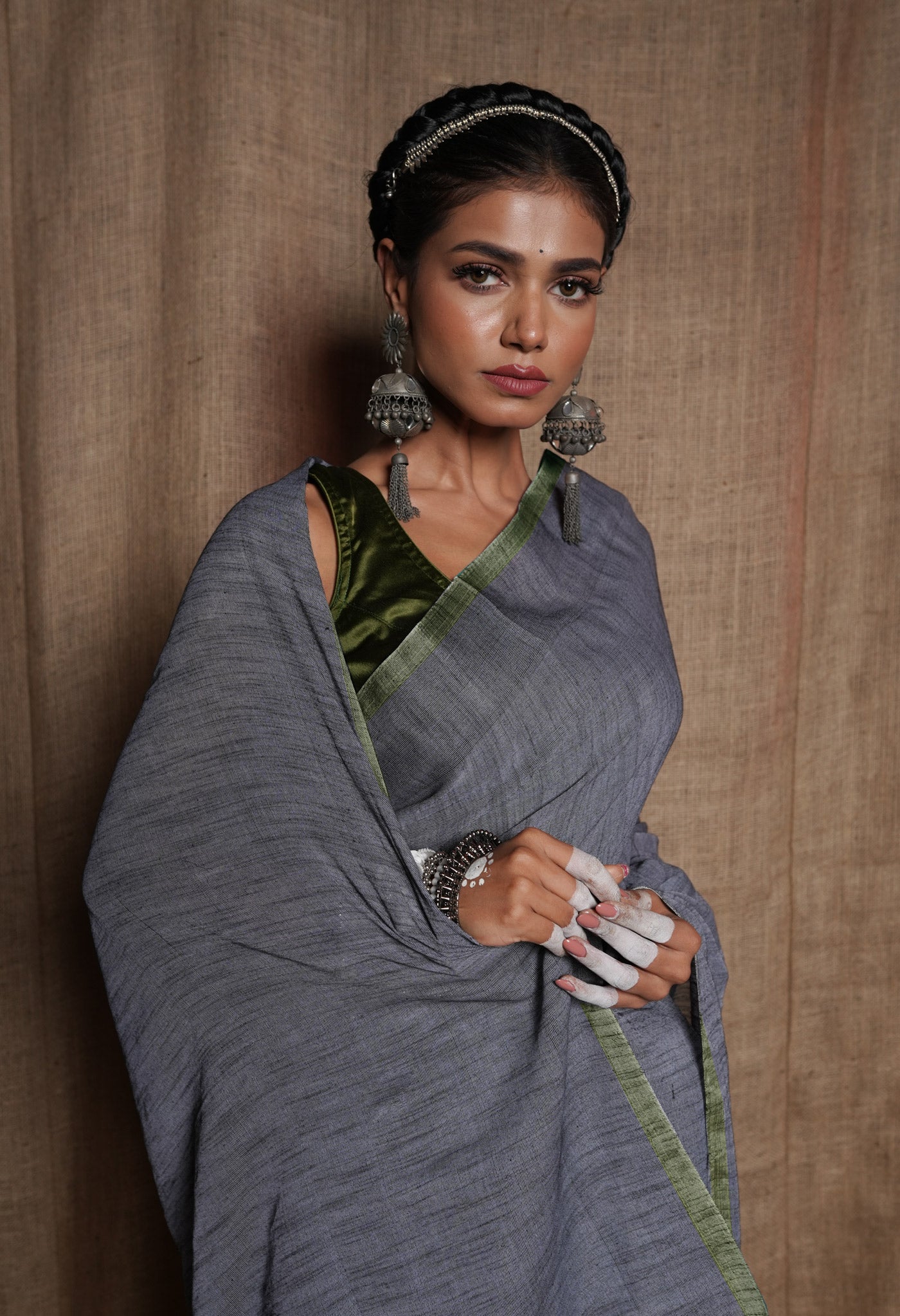 Grey Handloom Plain Mulmul Cotton Saree