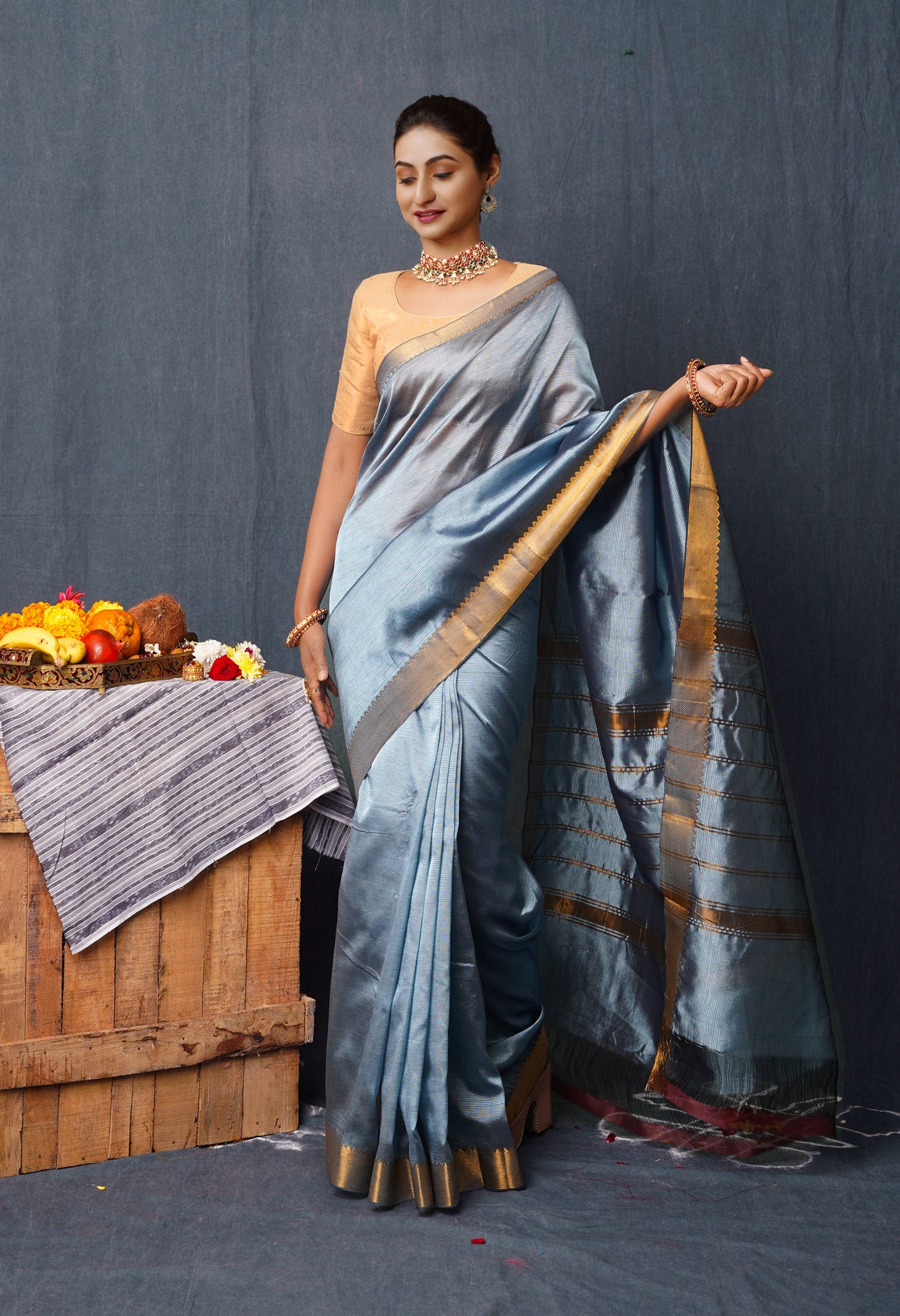 Grey Pure  Mangalgiri Soft Silk Saree