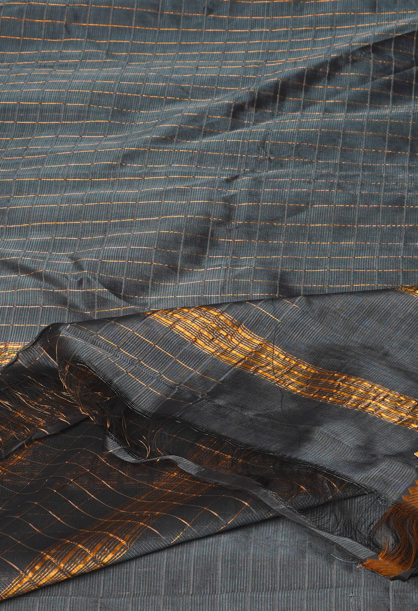 Dark Pewter Grey Pure  Zari Weaving Checks Mangalgiri Soft Silk Saree