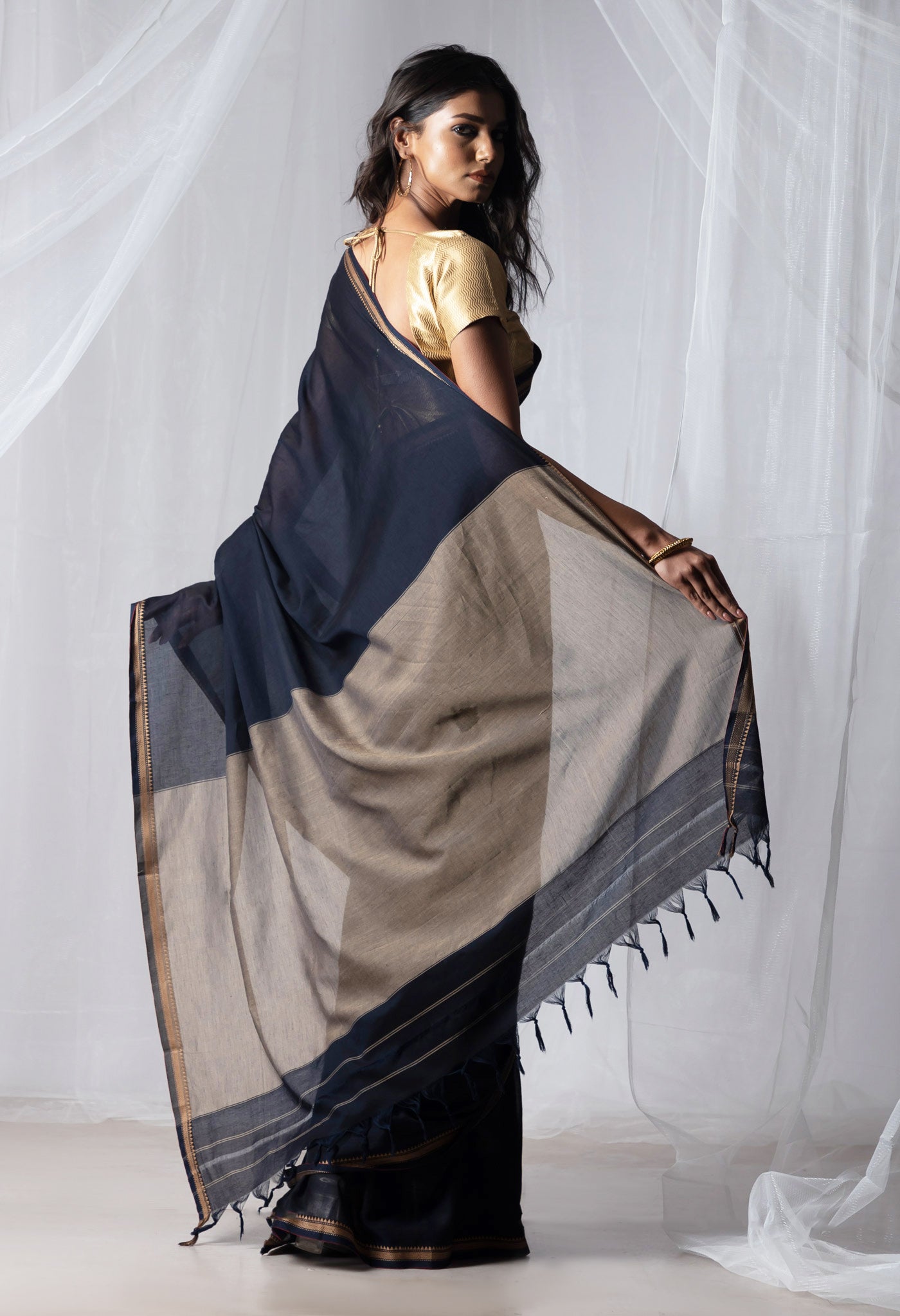 Black Pure Handloom Narayani Cotton Saree